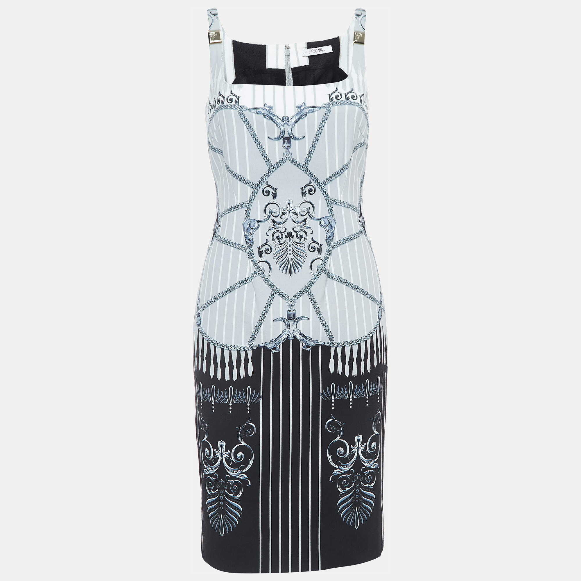 Pre Owned Versace Collection White/Black Chain and Barocco Print Crepe Sleeveless Short Dress M