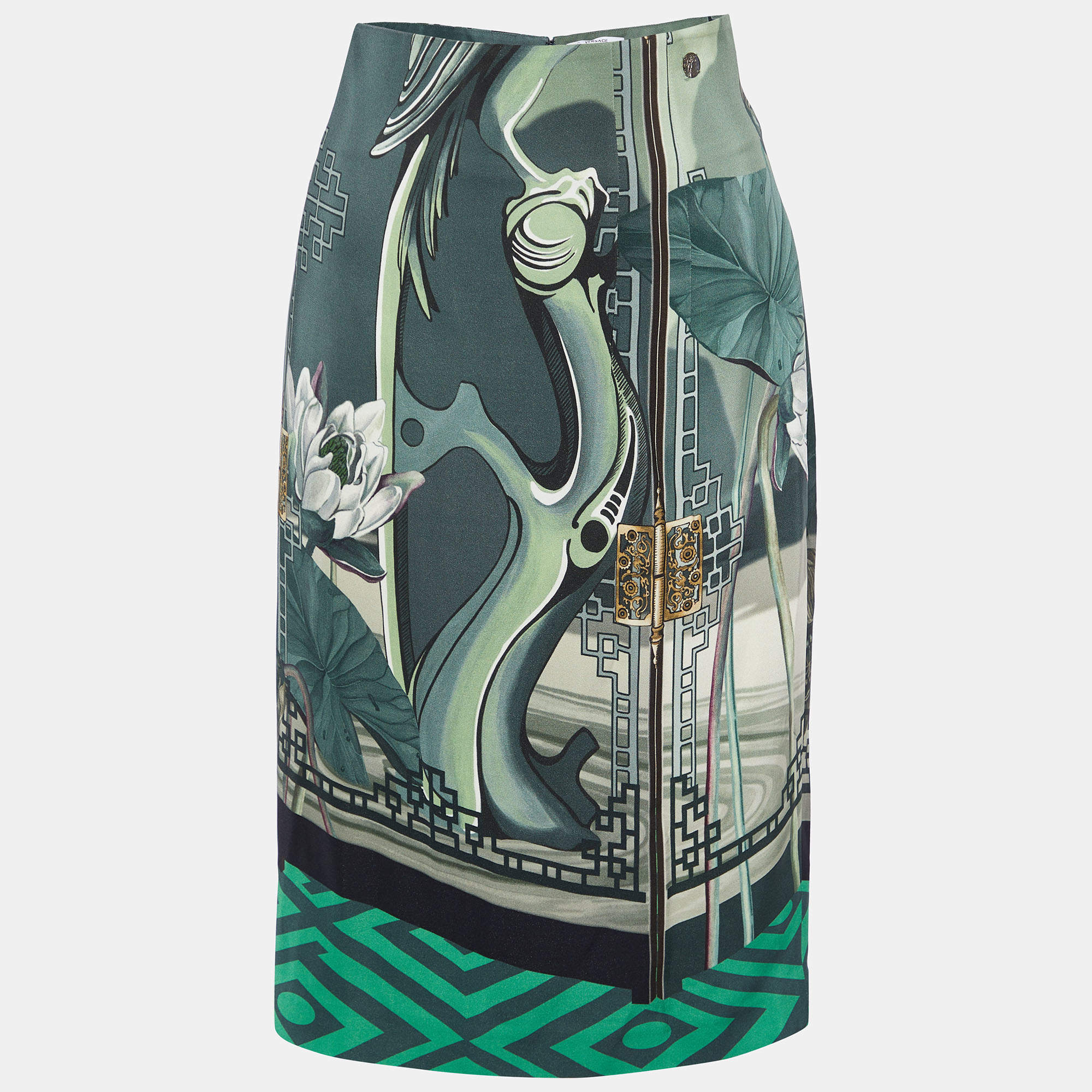 Pre Owned Versace Collection Dark Green Print Crepe Knee Length Skirt L