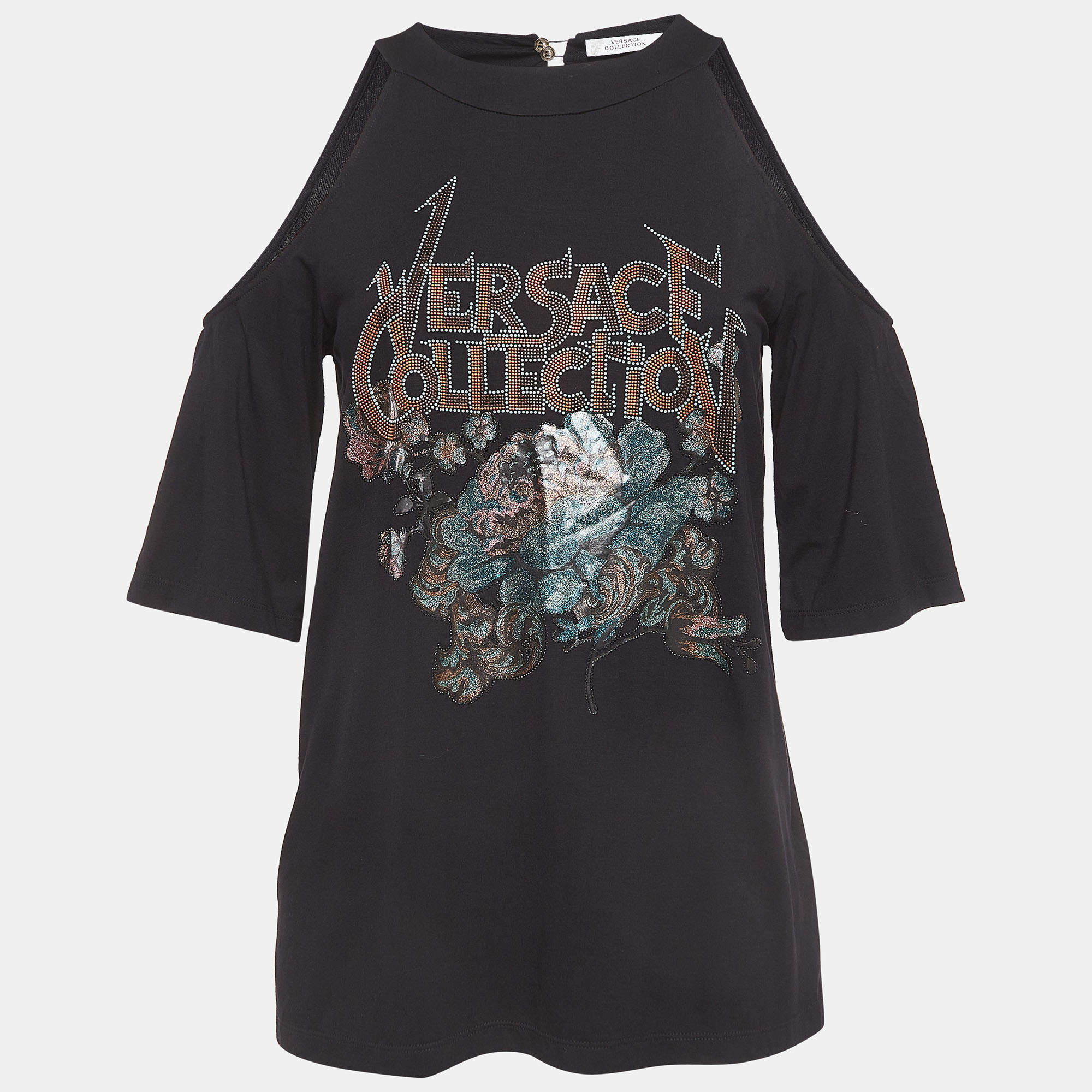 Pre Owned Versace Collection Black Logo Detailed Knit Cold Shoulder Top S