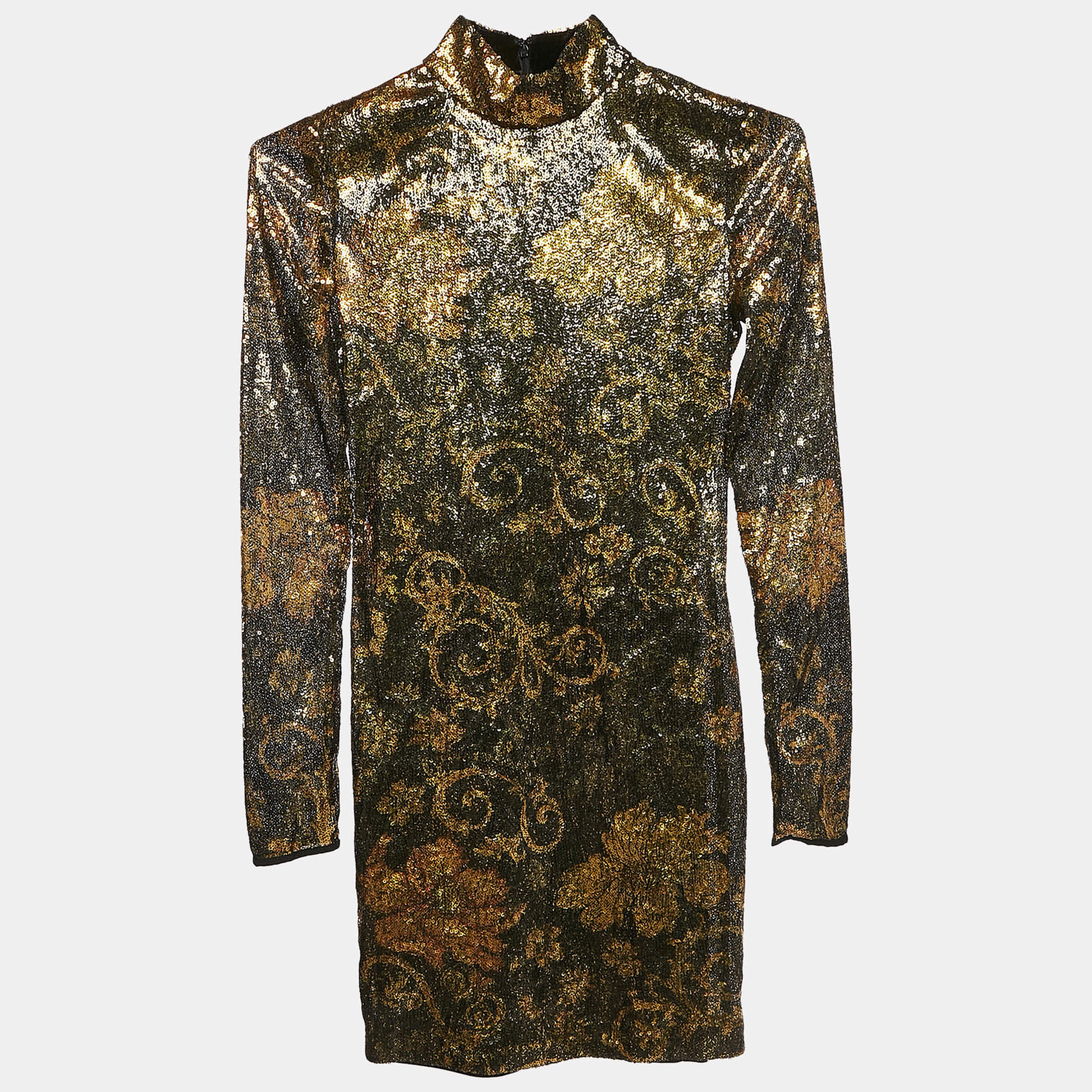 Pre Owned Versace Jeans Couture Metallic Flora Baroque Sequin Paillettes Mini Bodycon Dress S