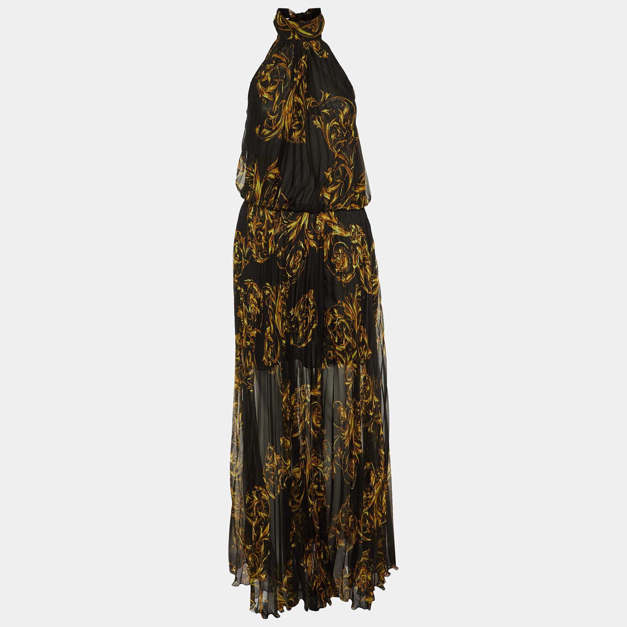 Pre Owned Versace Jeans Couture Black Printed Pleated Chiffon Halter Neck Maxi Dress M
