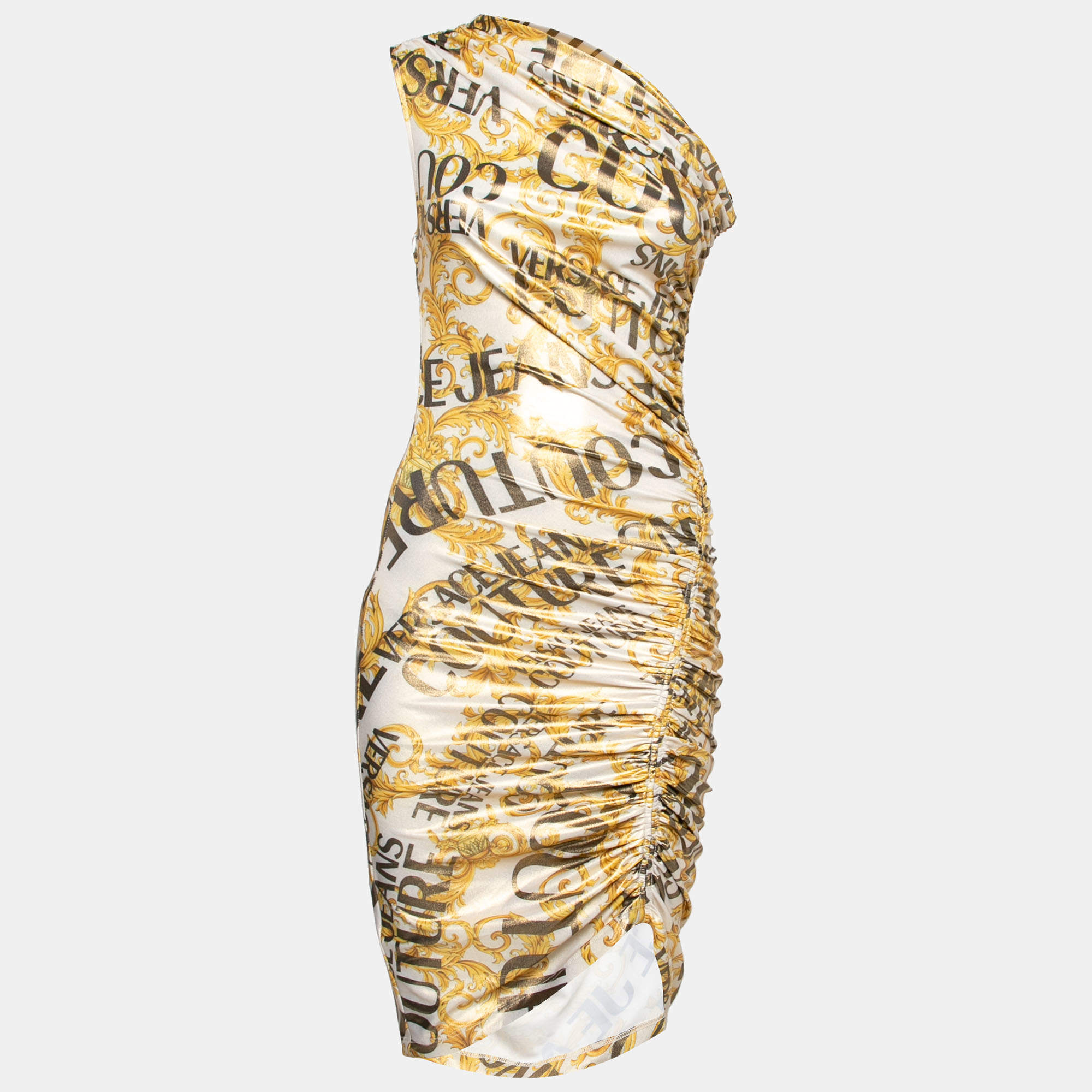Pre Owned Versace Jeans Couture Metallic Baroque Print Stretch Synthetic One Shoulder Dress M