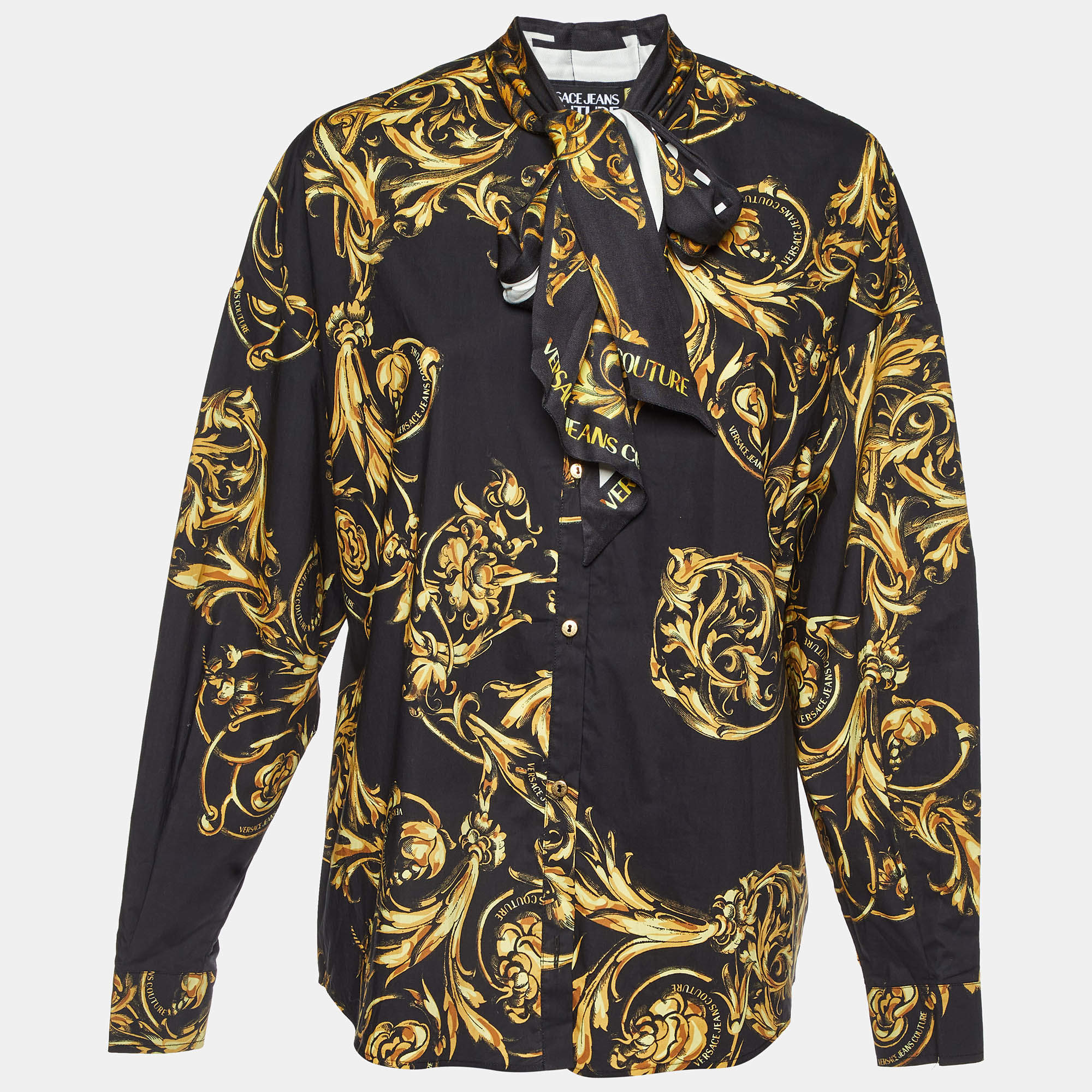 Pre Owned Versace Jeans Couture Black Printed Cotton Bow-Tie Shirt M
