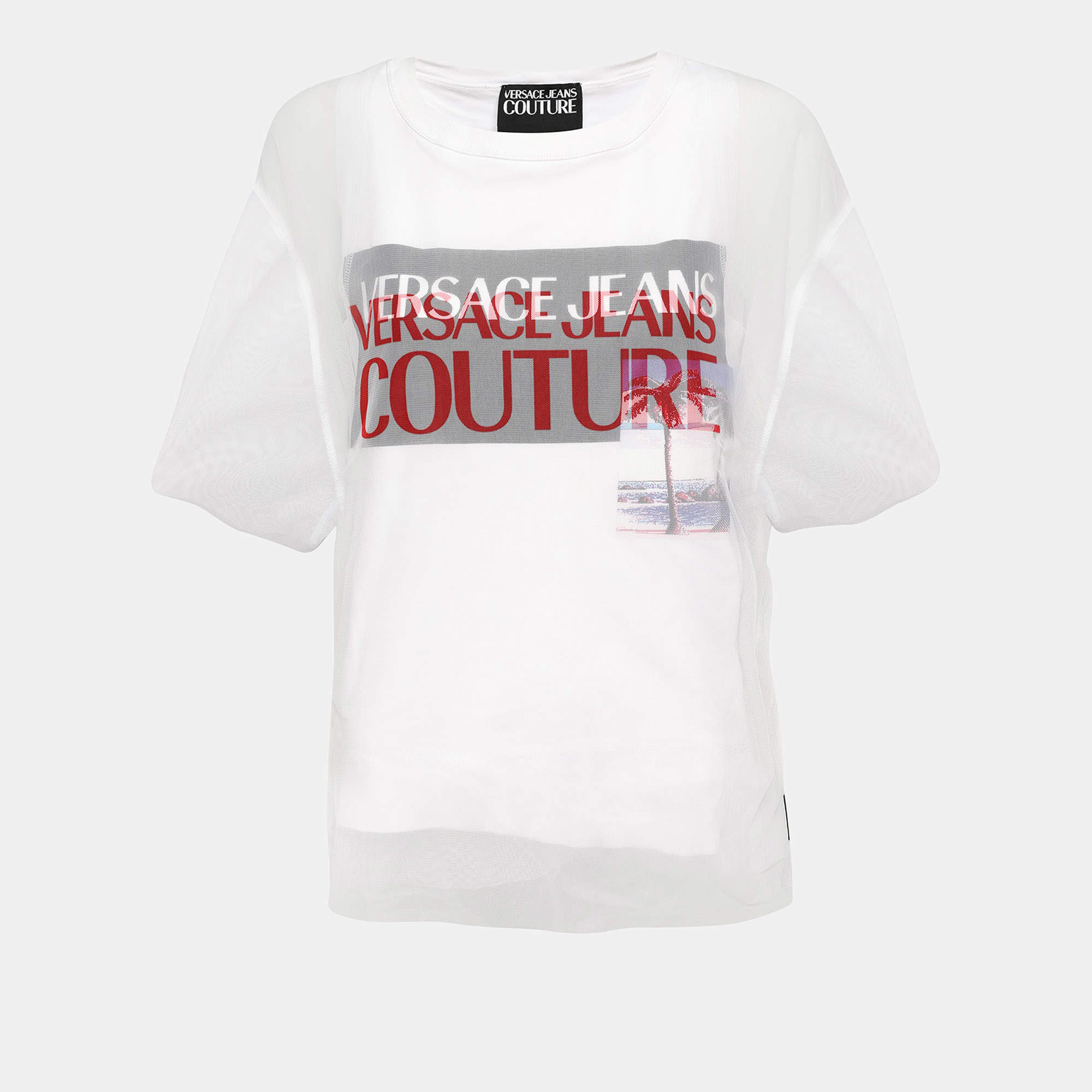 Pre Owned Versace Jeans Couture White Mesh & Cotton Overlay Top M
