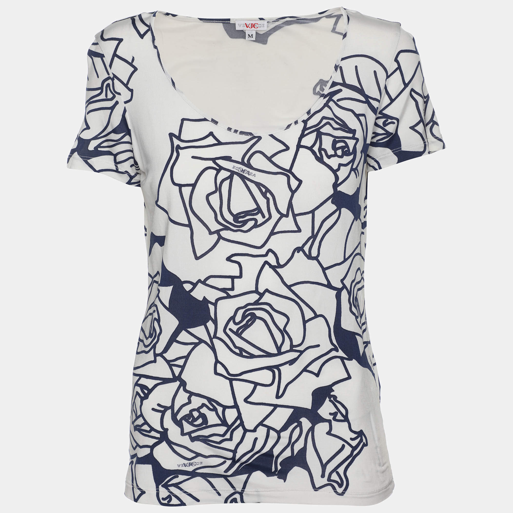 Versace Jeans Couture White/Blue Printed Jersey Round Neck Top M