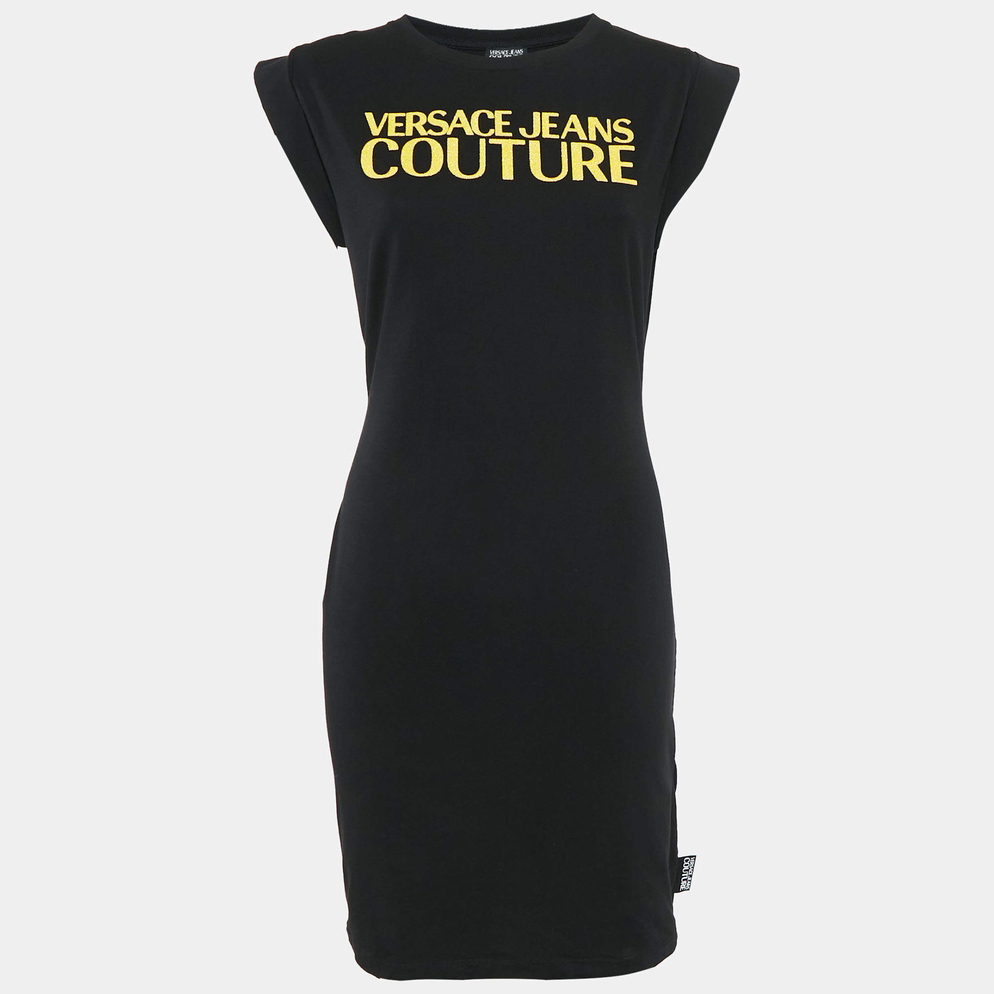 Pre Owned Versace Jeans Couture Black Logo Embroidered Cotton Knit Mini Dress M