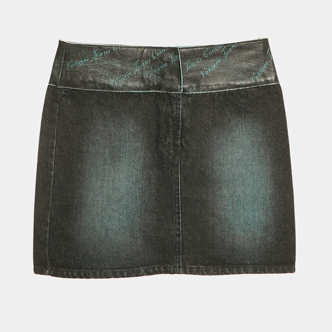 Versace Jeans Couture Black Washed Denim Leather Detail Mini Skirt M
