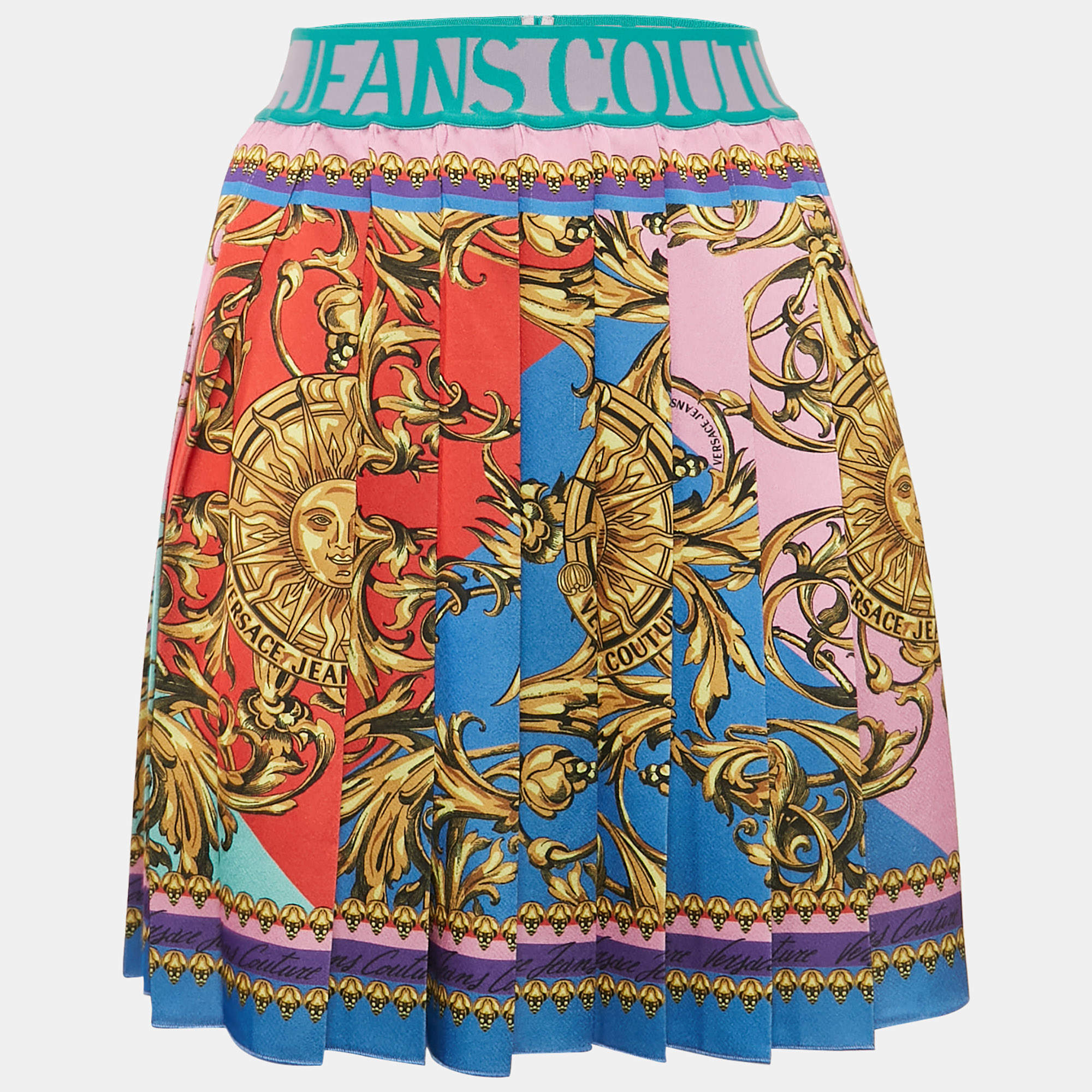 Pre Owned Versace Blue/Pink Garland Sun Print Satin Pleated Mini Skirt S