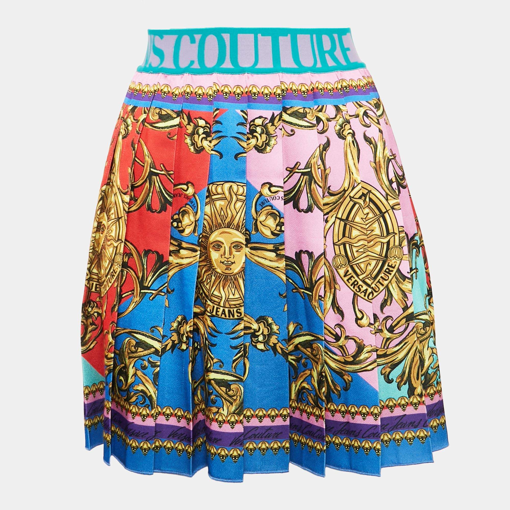 Pre Owned Versace Jeans Couture Multicolor Garland Print Satin Pleated Mini Skirt S