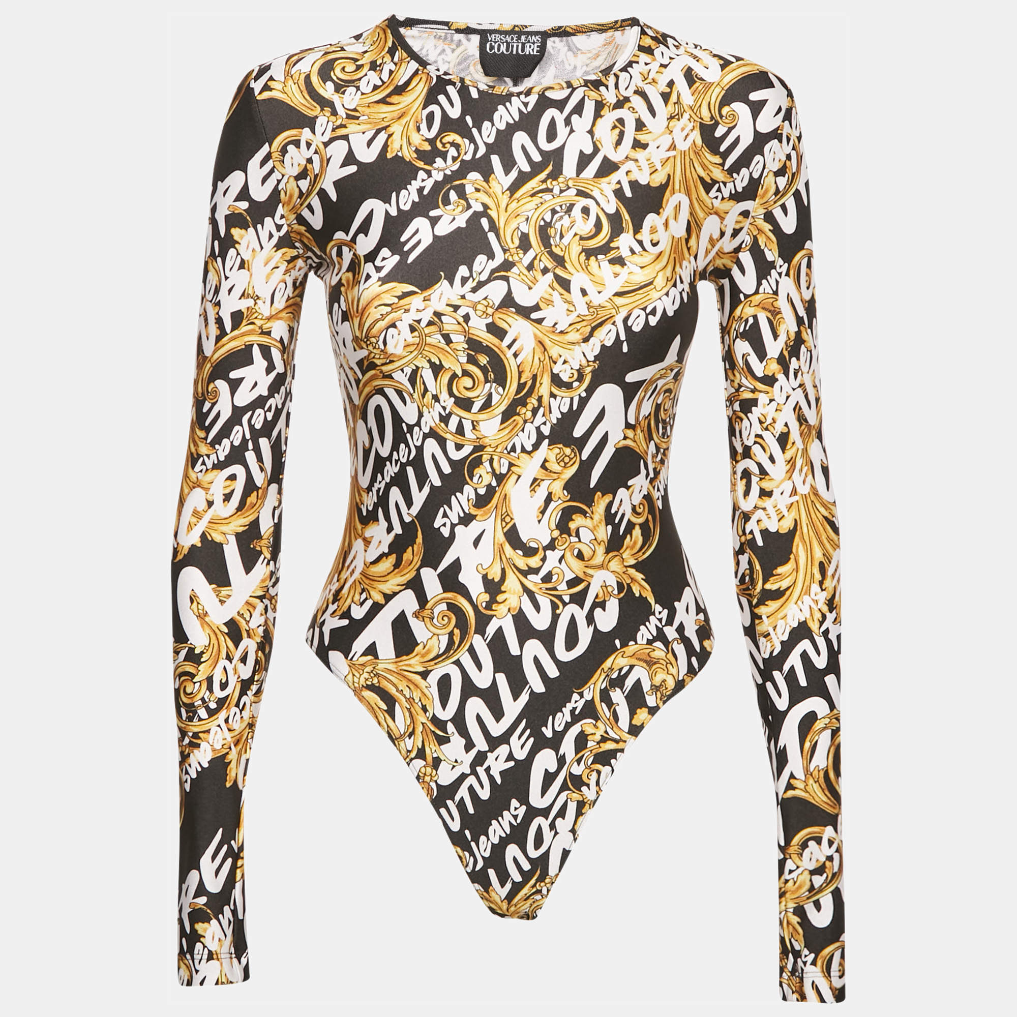 Pre Owned Versace Jeans Couture Black Baroque Print Jersey Bodysuit S