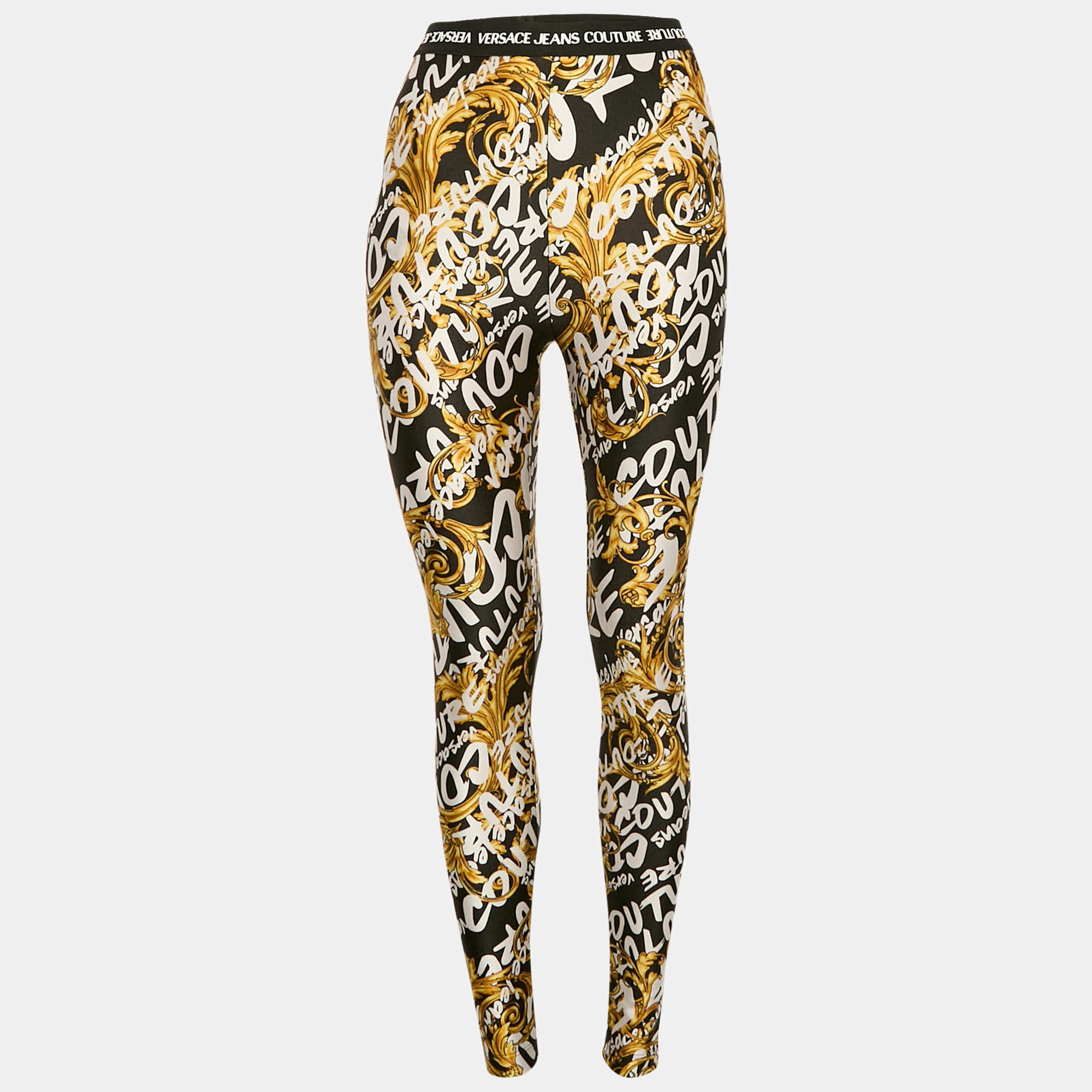 Pre Owned Versace Jeans Couture Black Baroque Print Jersey Leggings S