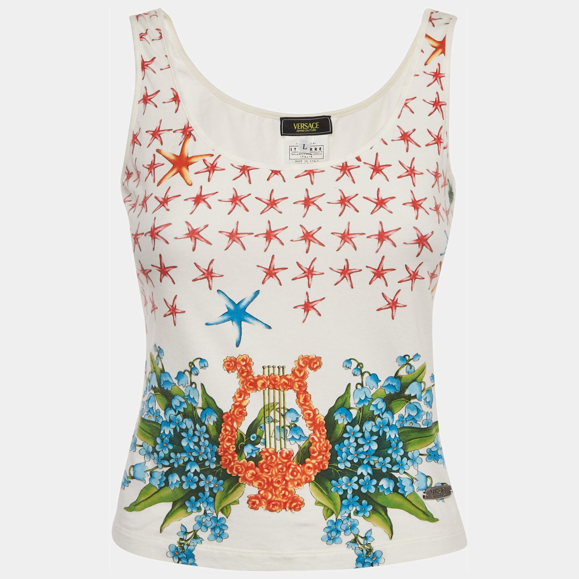 Pre Owned Versace Jeans Couture White Printed Cotton Knit Tank Top L