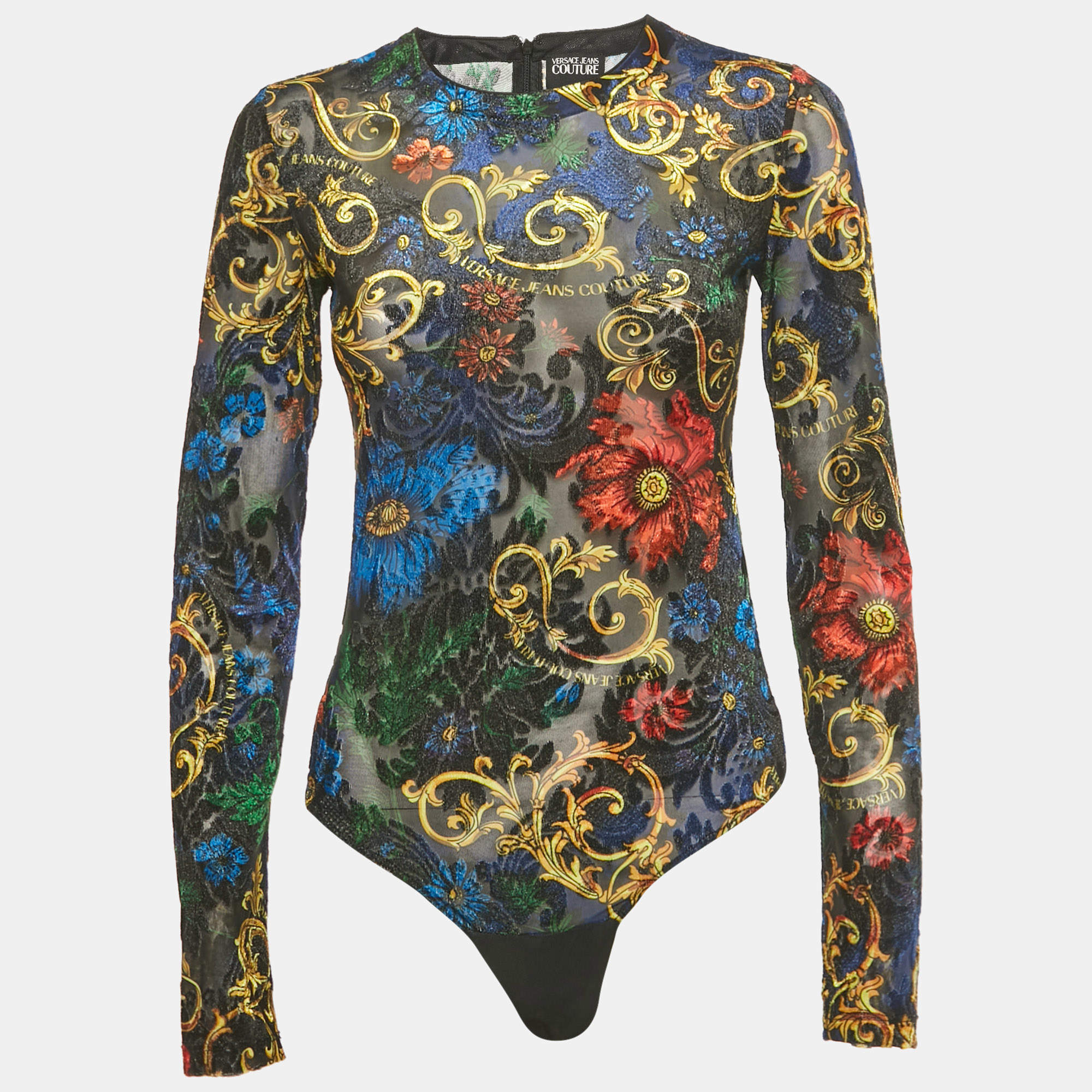 Pre Owned Versace Jeans Couture Black Baroque Mesh & Velvet Sheer Bodysuit S 