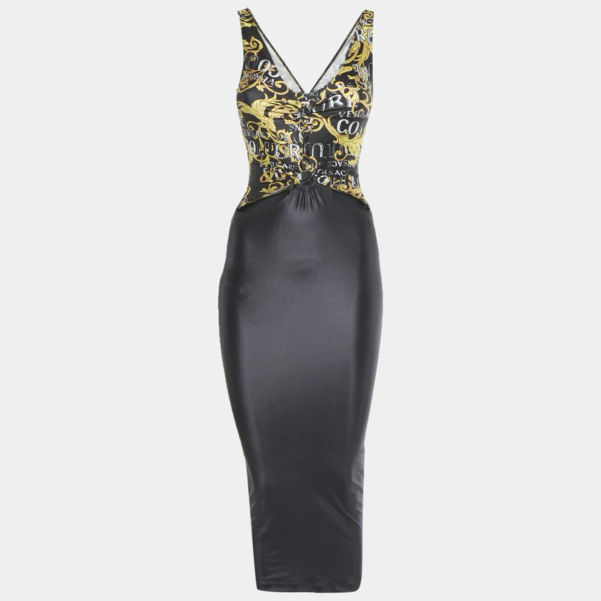 Pre Owned Versace Jeans Couture Black Printed Jersey Cut- Out Midi Dress XS