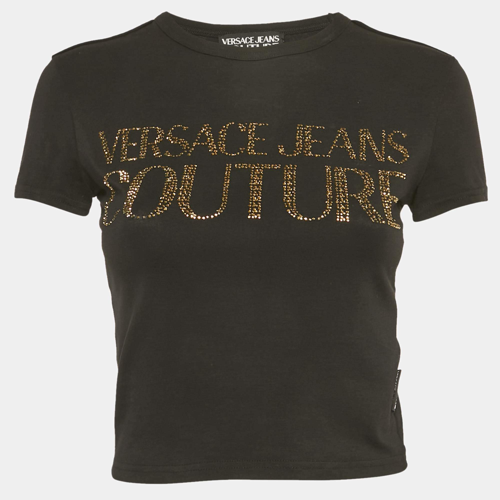 Pre Owned Versace Jeans Couture Black Logo Studded Cotton Knit Crop T-Shirt S
