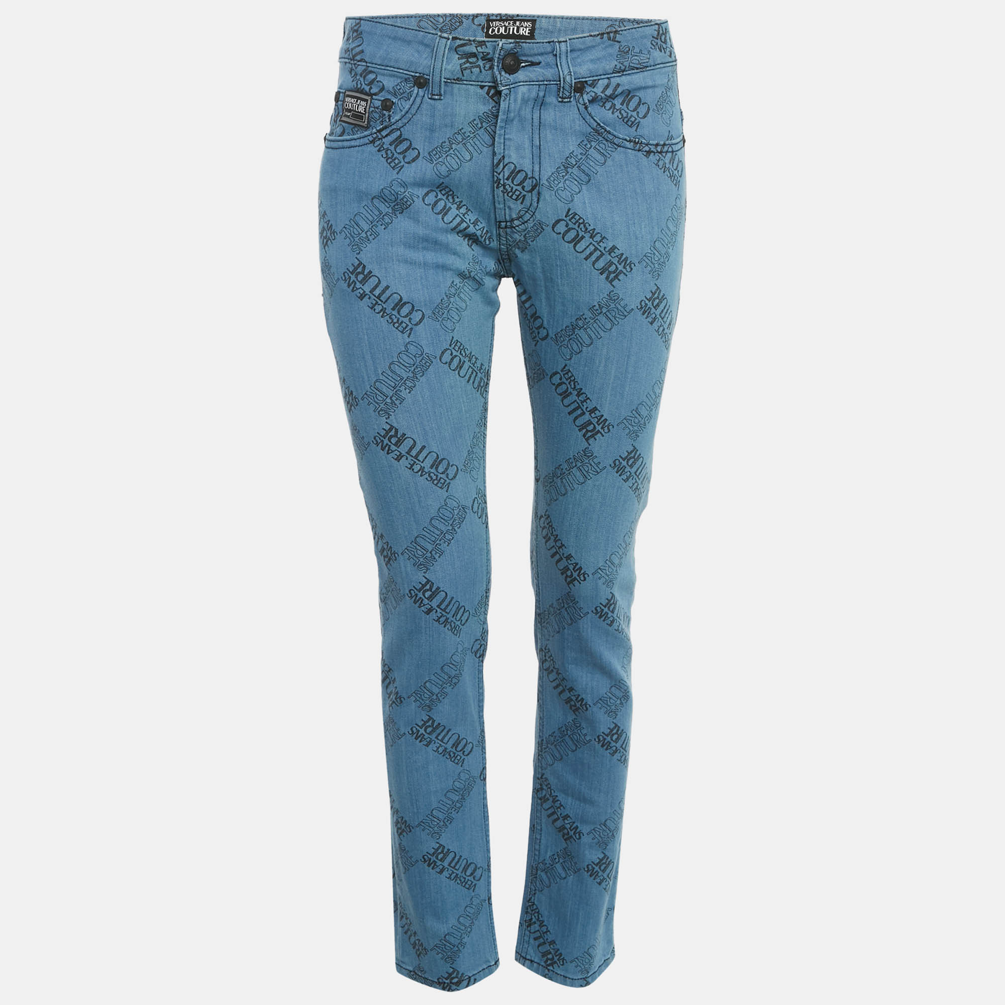 مملوكة مسبقًا Versace Jeans Couture Blue Logo Print Denim Skinny Jeans M/Waist 28"
