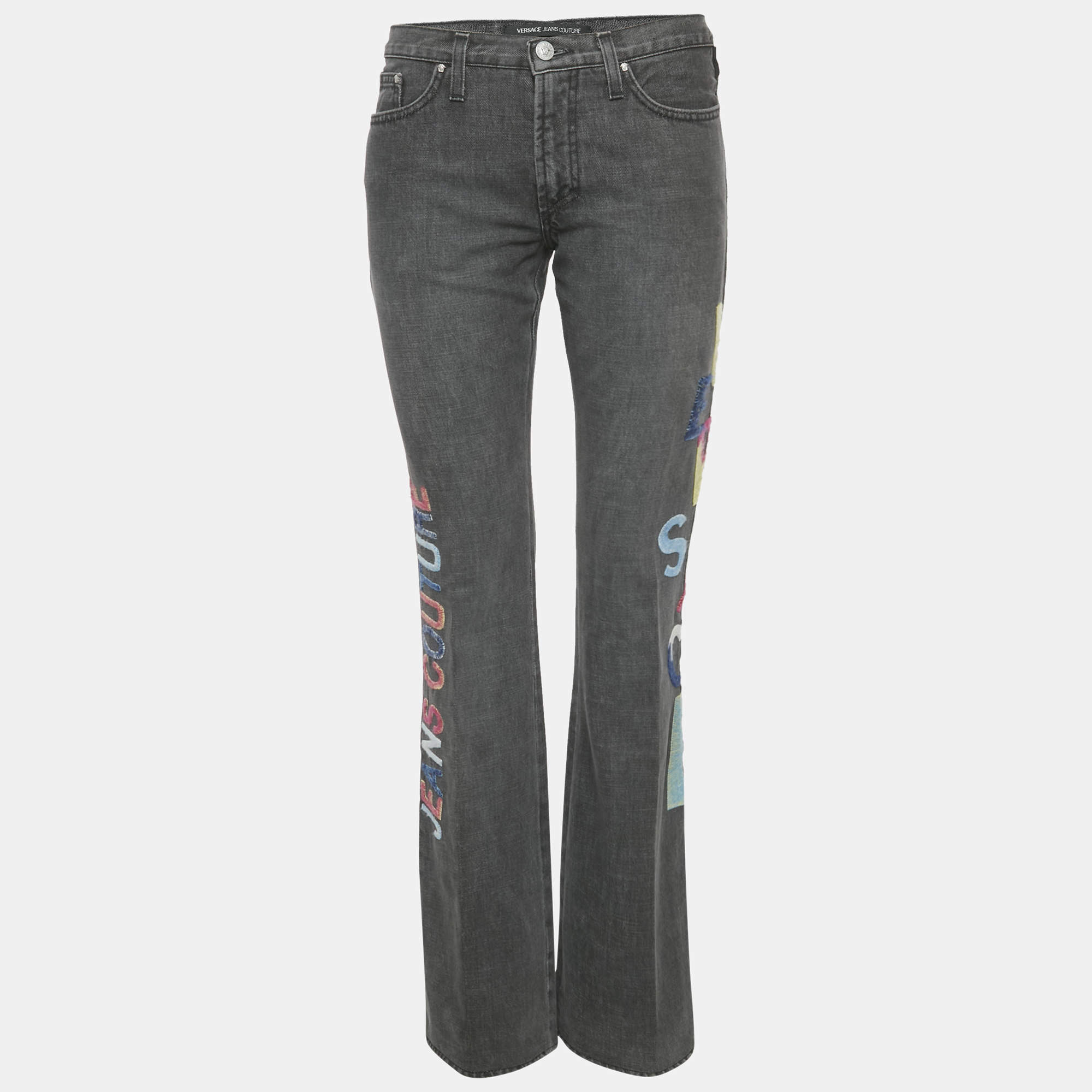 مملوكة مسبقًا بنطلون جينز فيرساتشي كوتور جينز قطن رمادي مطرز واسع الساق مقاس متوسط - ميديم / الخصر 30 بوصة