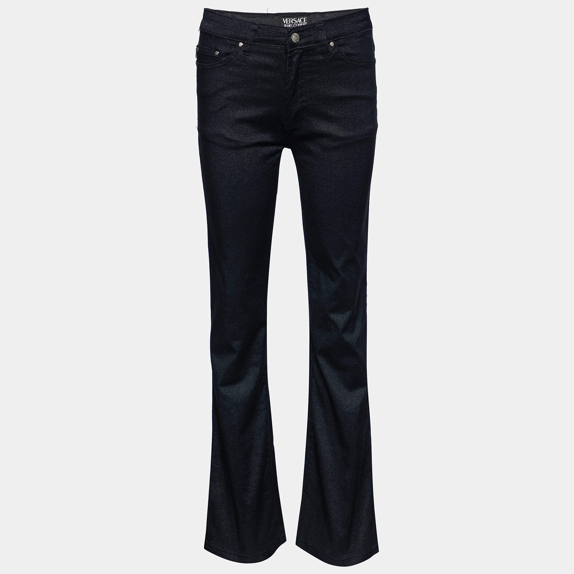 Pre Owned Versace Jeans Couture Black Shine Denim Flared Leg Jeans M Waist 26"