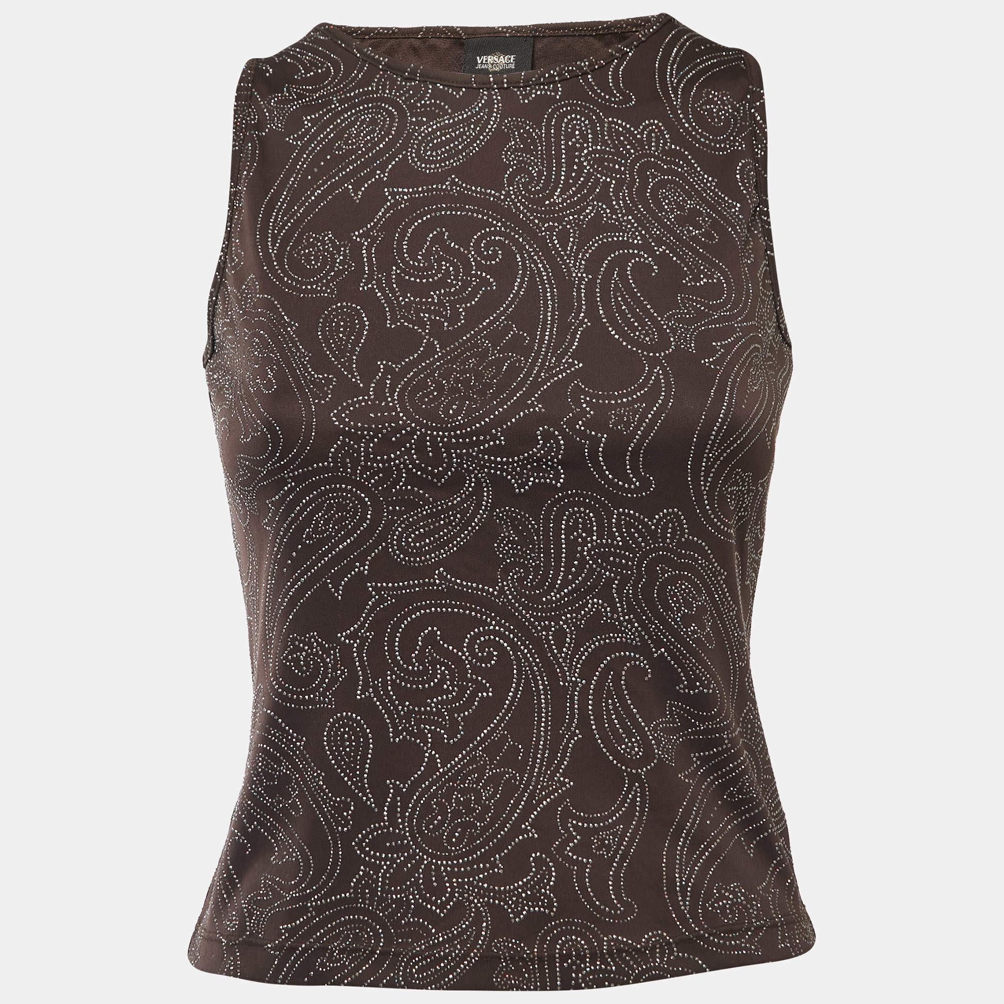 Pre Owned Versace Jeans Couture Brown Embellished Jersey Tank Top XS