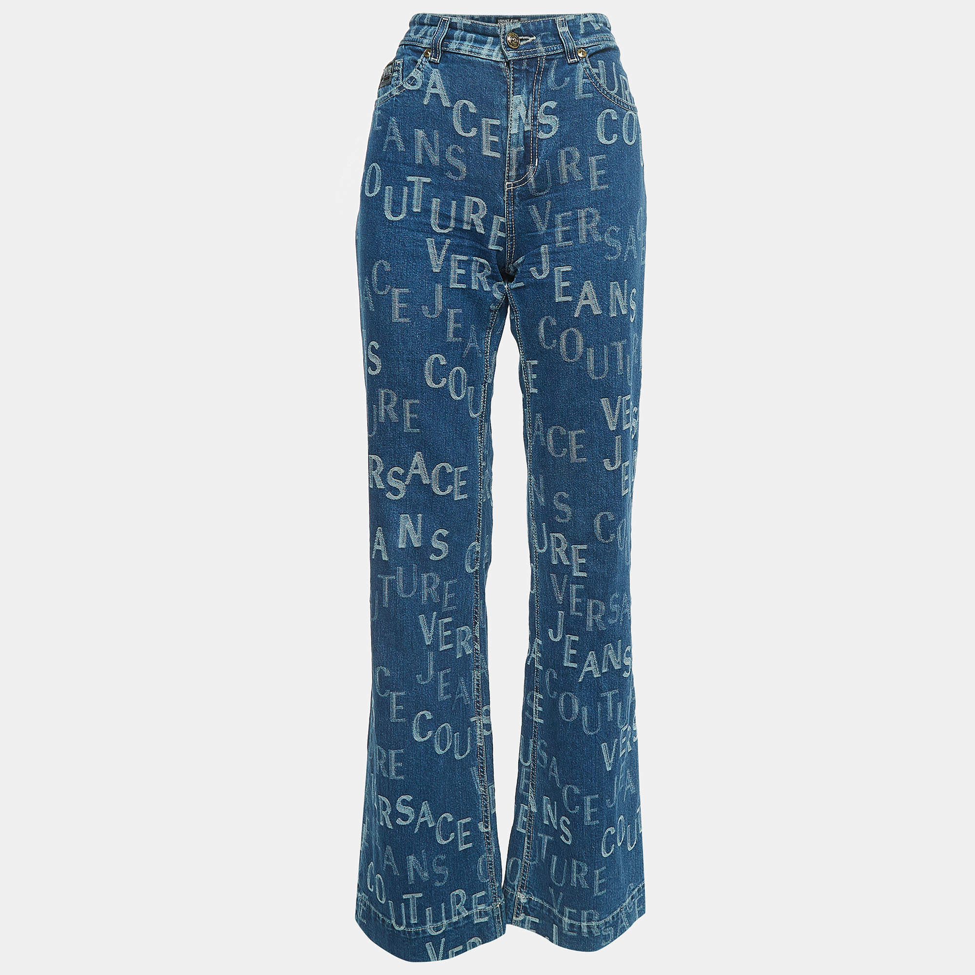 Pre Owned Versace Jeans Couture Blue Logo Jacquard Denim Wide Leg Jeans L 