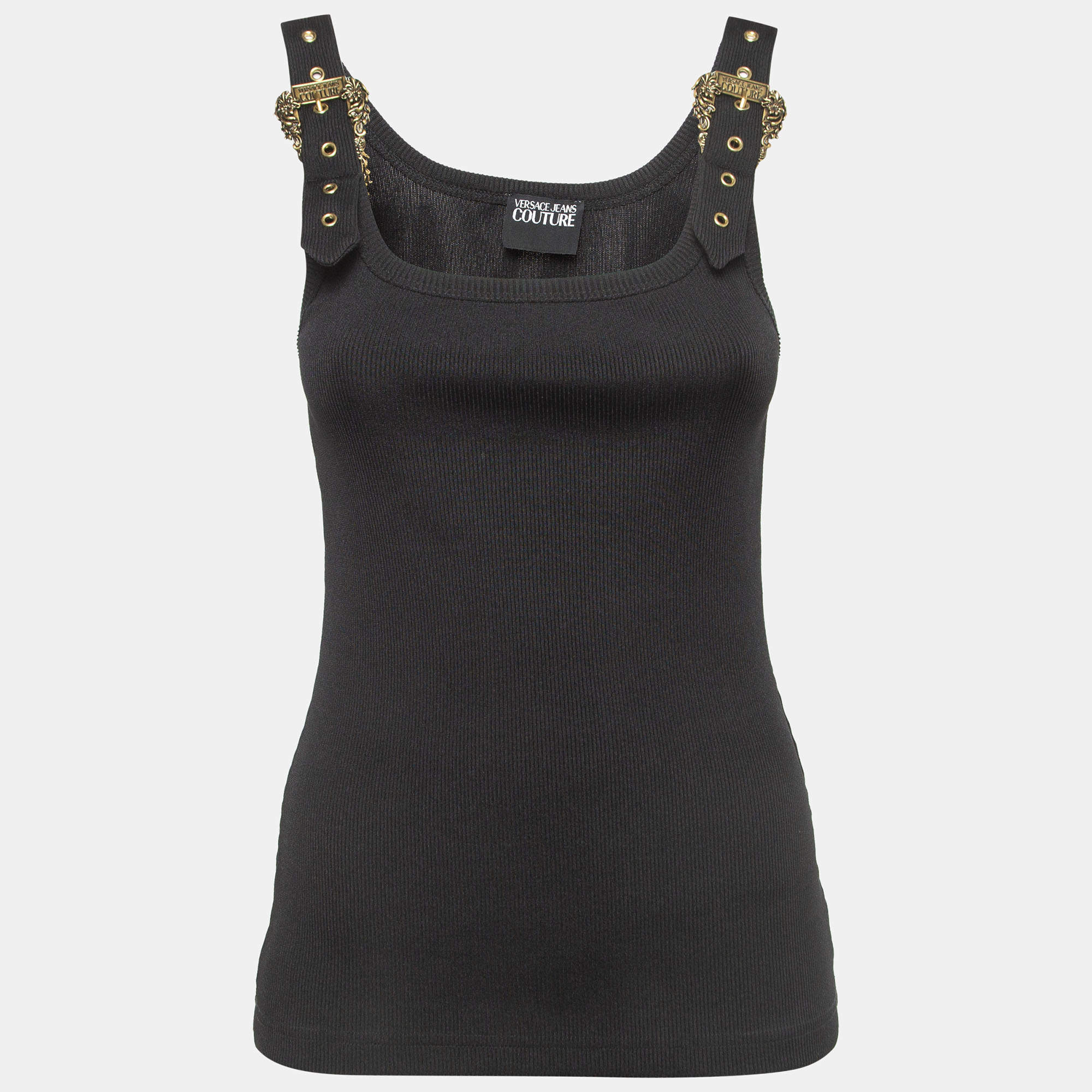 Versace Jeans Couture Black Rib Knit Buckle Detail Tank Top S Versace ...