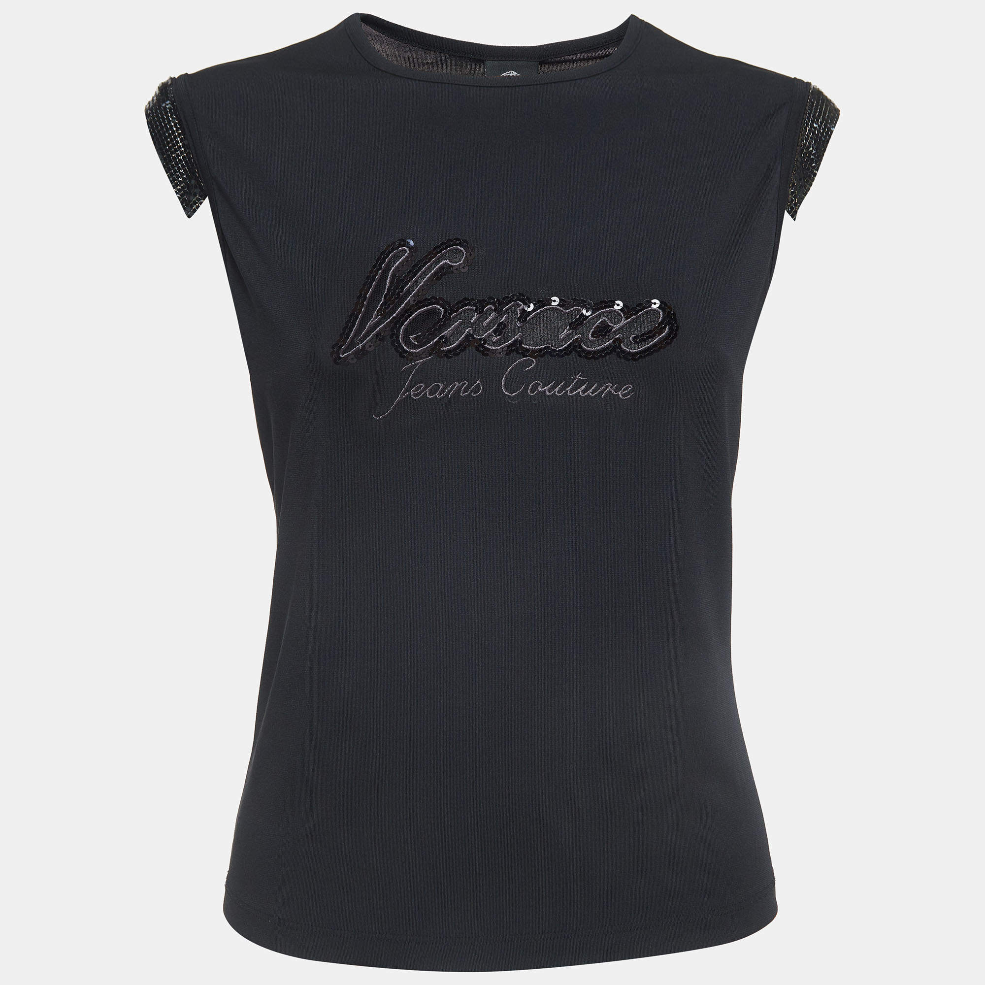 Pre Owned Versace Jeans Couture Vintage Black Logo Embroidered Jersey Sleeveless Top L