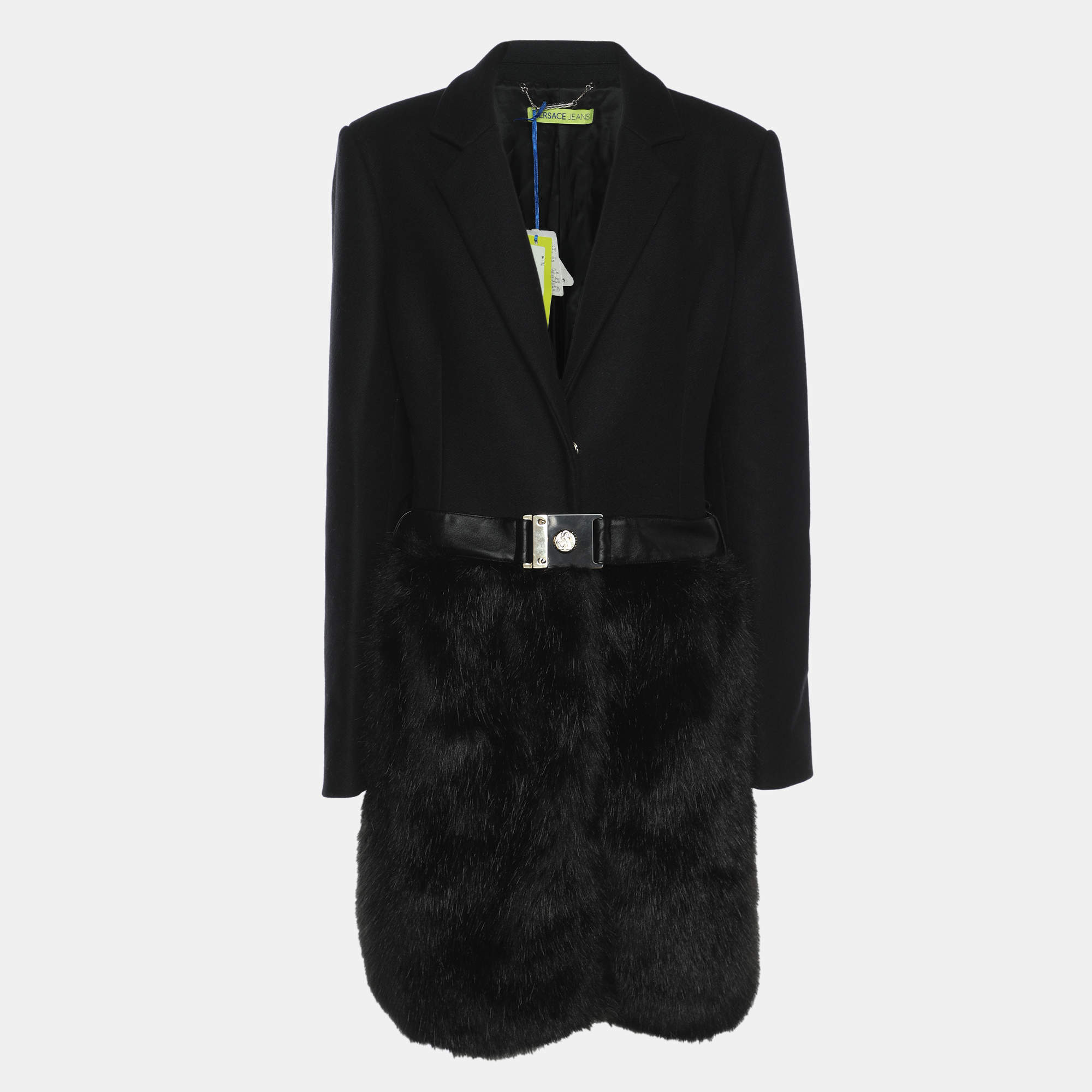 Pre Owned Versace Jeans Black Wool Blend and Faux Fur Belted Blazer L