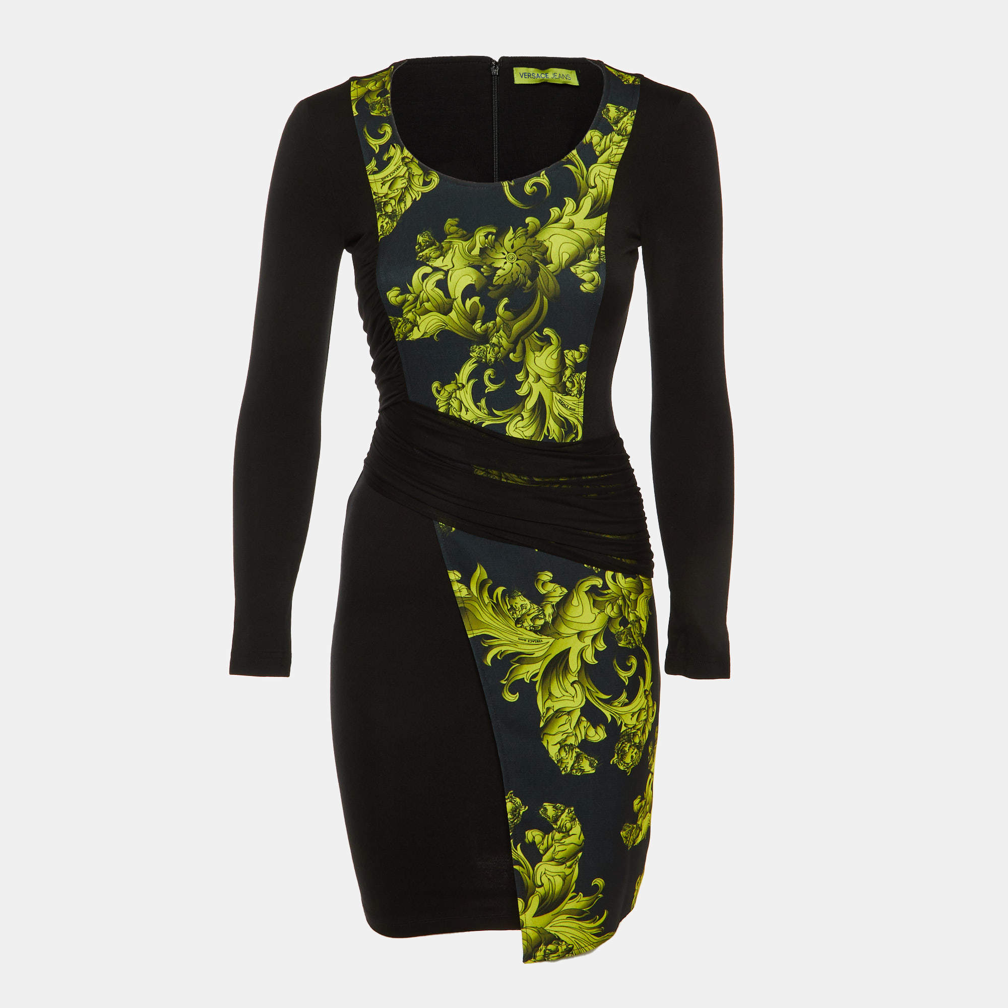 Pre Owned Versace Jeans Black Baroque Print Cady Ruched Bodycon Dress S