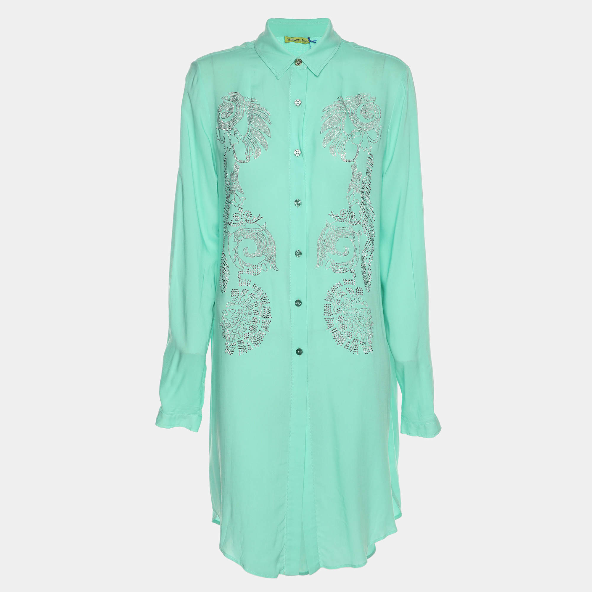 Pre Owned Versace Jeans Green Viscose Embellished Long Sleeve Tops M