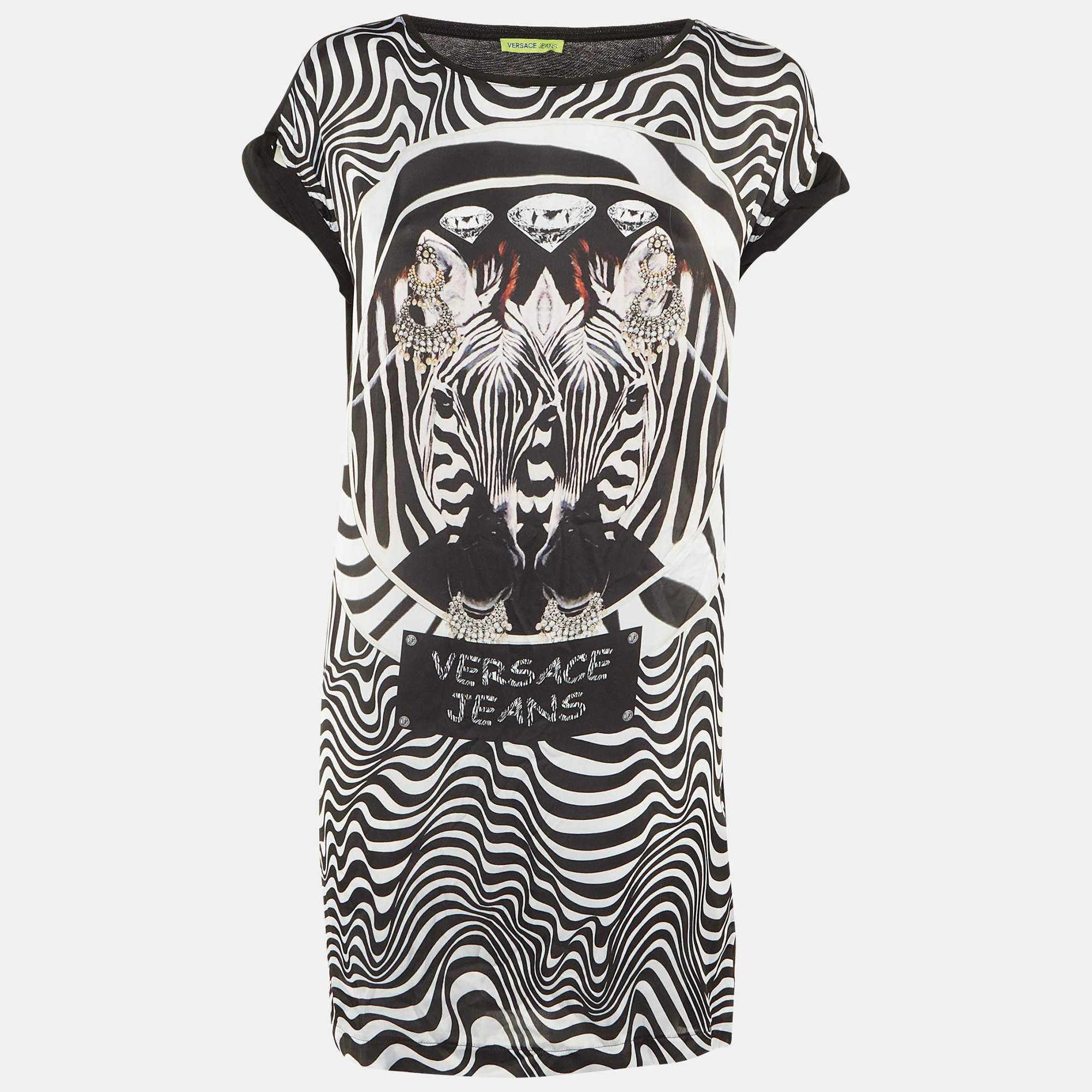 Pre Owned Versace Jeans Black /White Printed Jersey Mini Dress M