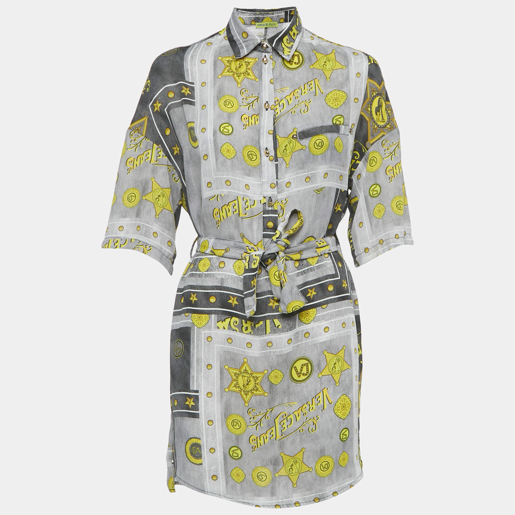 Pre Owned Versace Jeans Grey Printed Crepe Tunic Top M