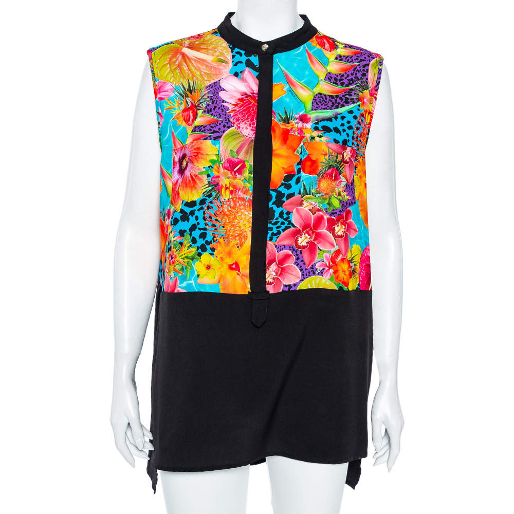 Pre Owned Versace Jeans Multicolor Floral Printed Crepe Sleeveless Shirt XL