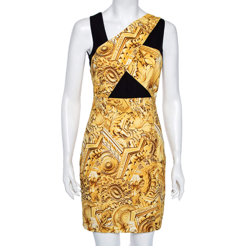 Versace Jeans Gold Printed Crepe Sleeveless Mini Dress S