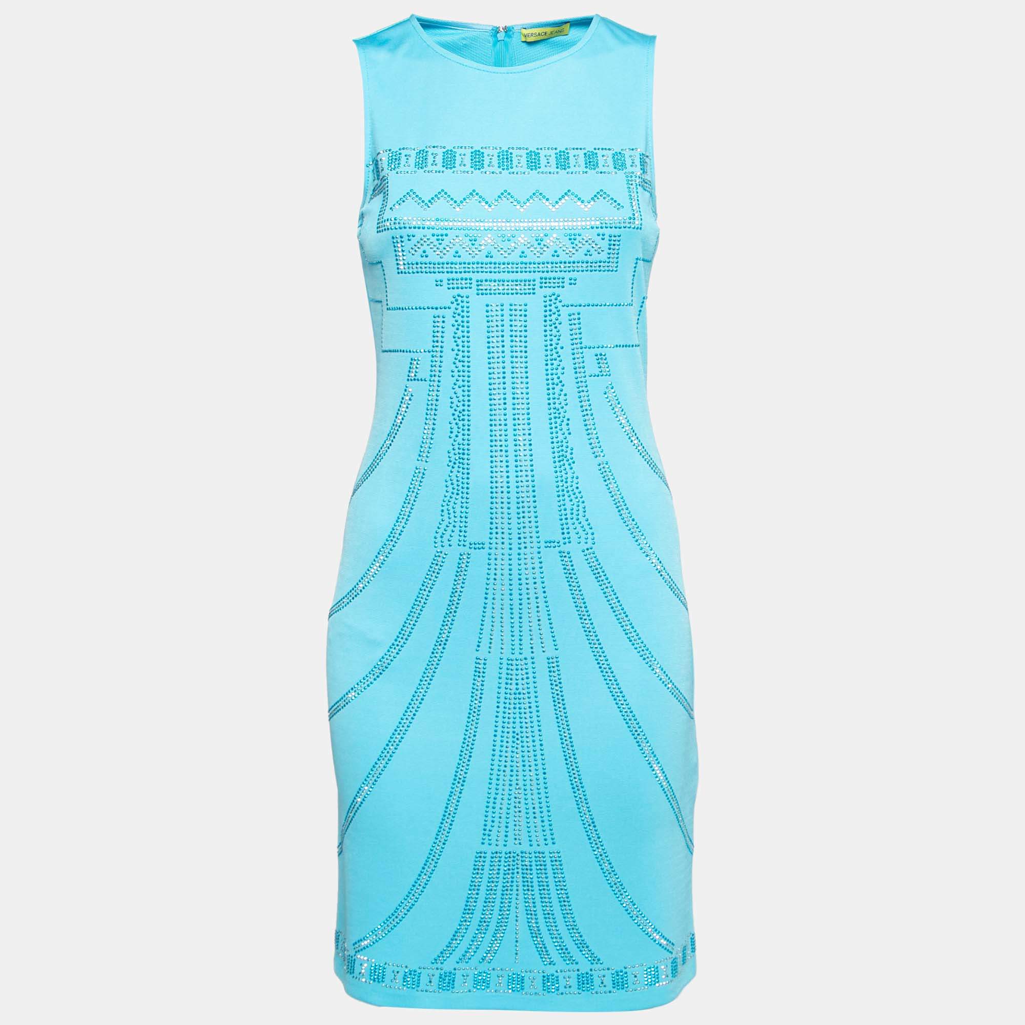 Versace Jeans Blue Stud Embellished Knit Sleeveless Dress M