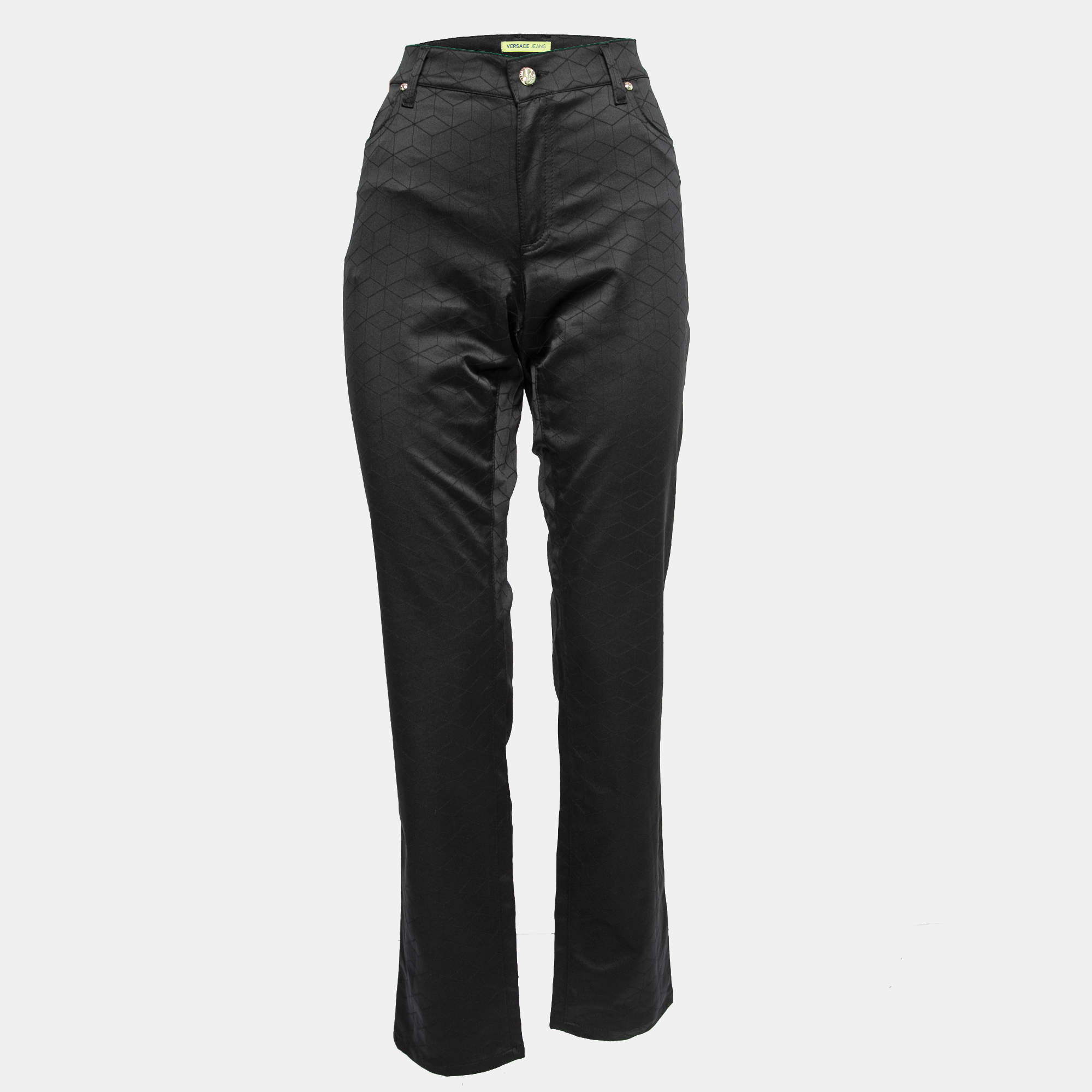 Pre Owned Versace Jeans Black Geometric Patterned Satin Jeans XXL Waist 36"