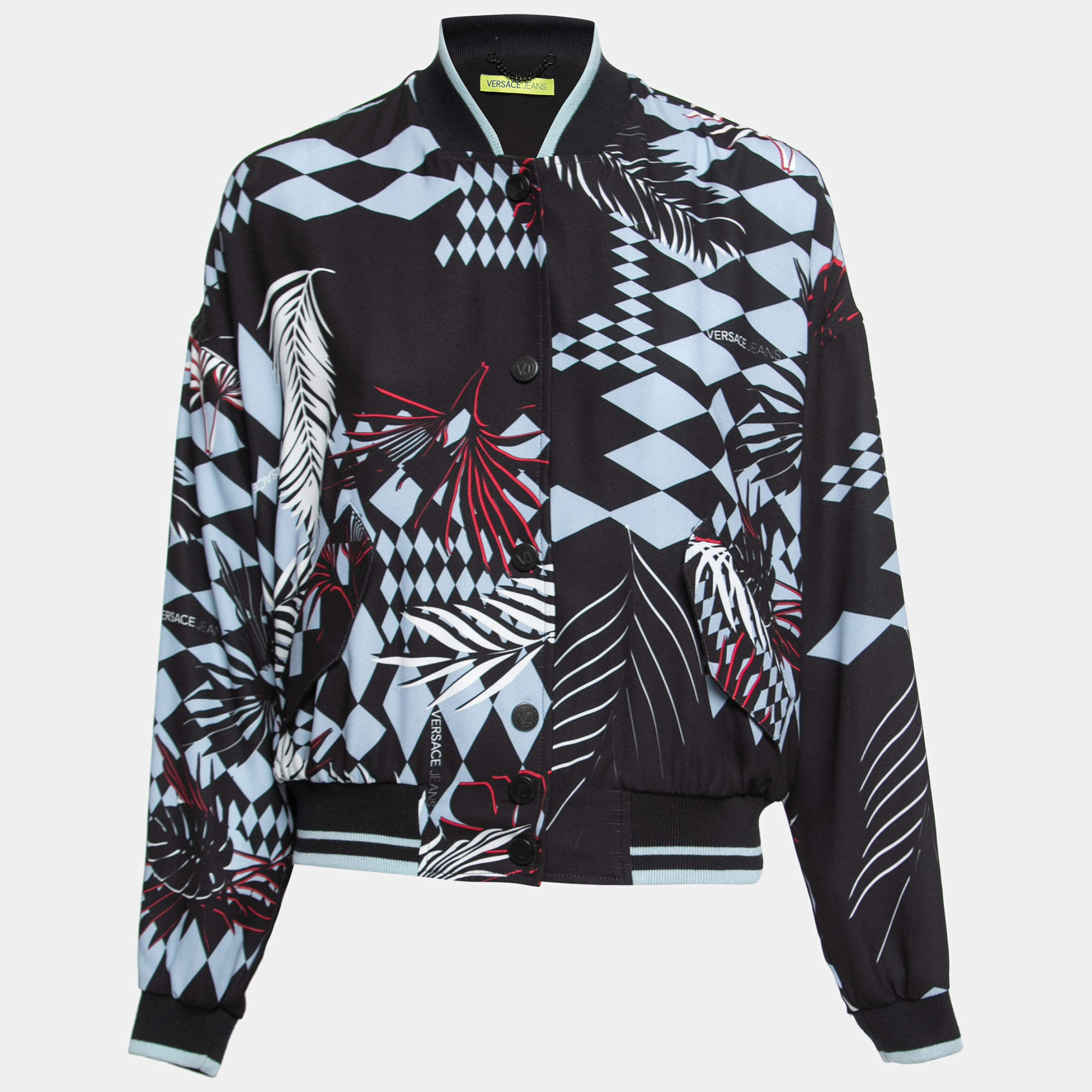 Pre Owned Versace Jeans Blue & Black Printed Crepe Bomber Jacket S