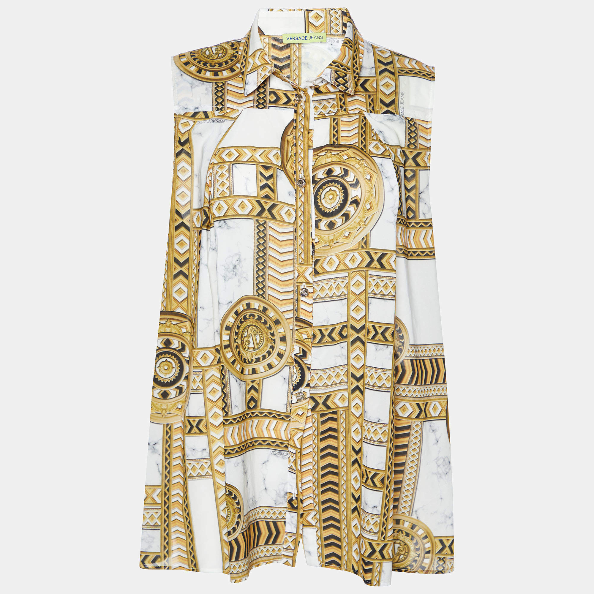 Pre Owned Versace Jeans Gold Baroque Printed Chiffon Sleeveless Shirt L