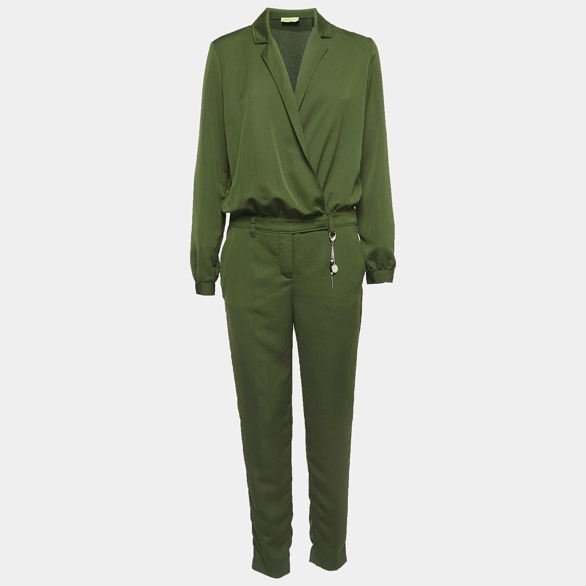 Pre Owned Versace Jeans Green Crepe Long Sleeve Jumpsuit S