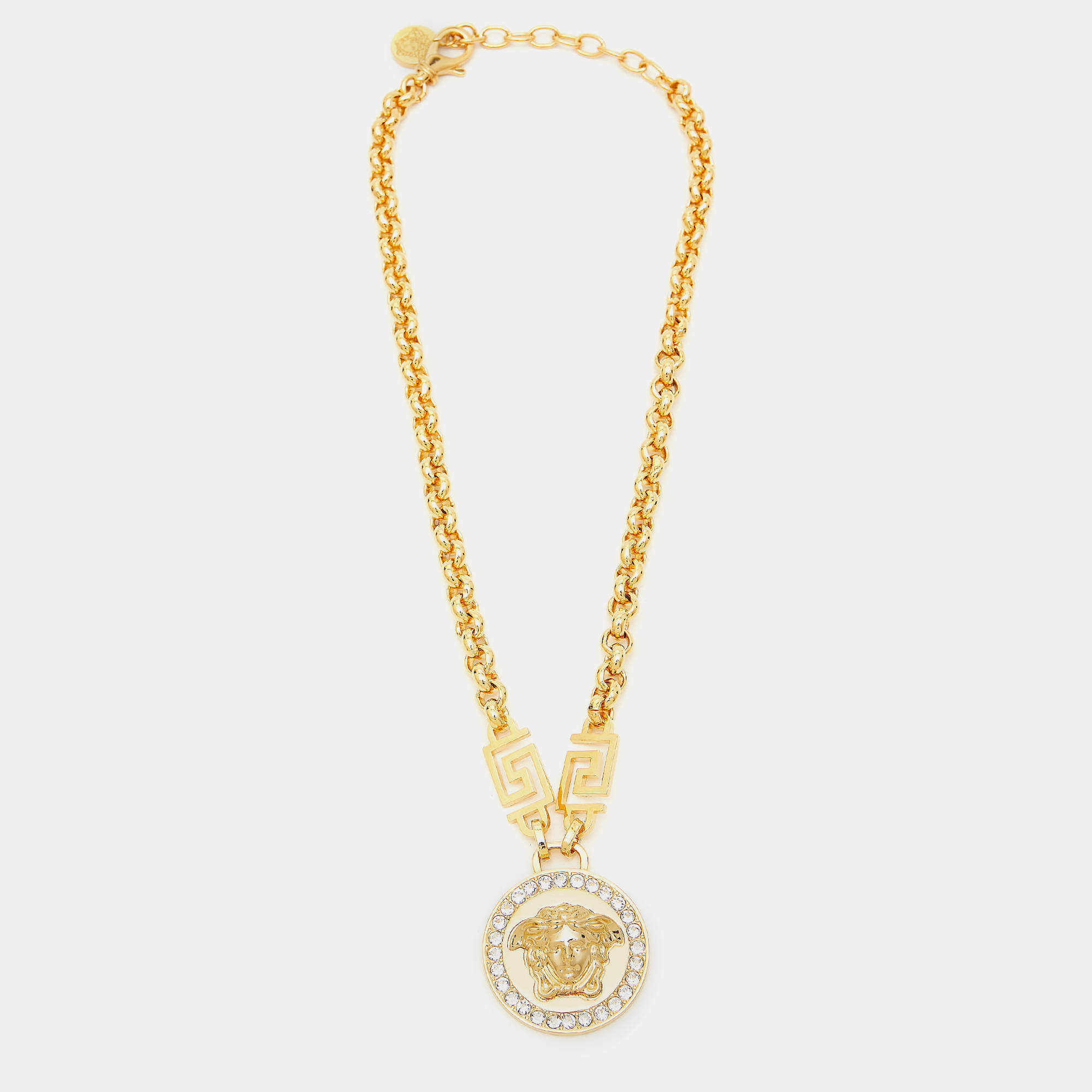Versace La Medusa Greca  Crystal  Gold Tone Chain Necklace