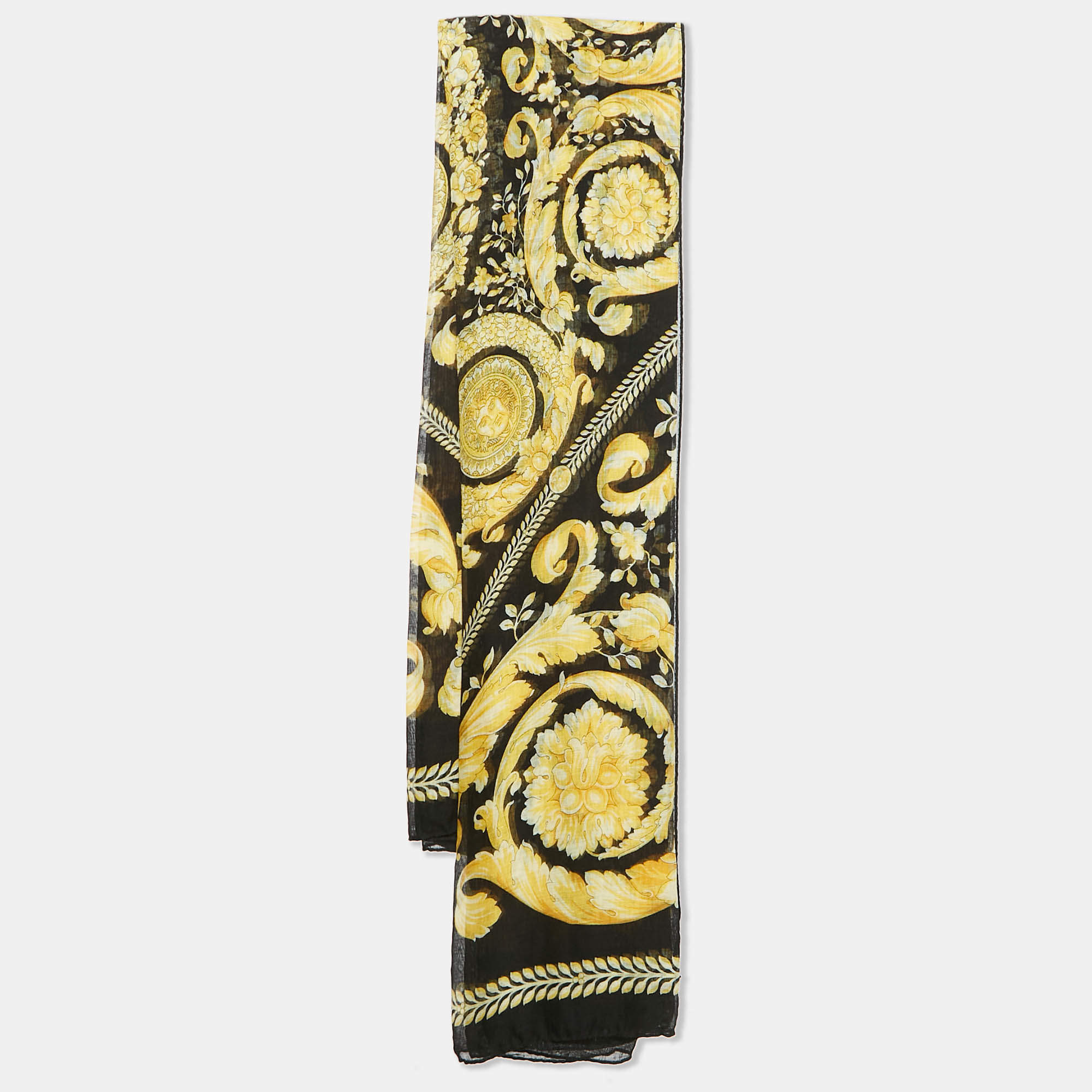 Pre Owned Versace Black/Yellow Barocco Print Modal Voile Scarf