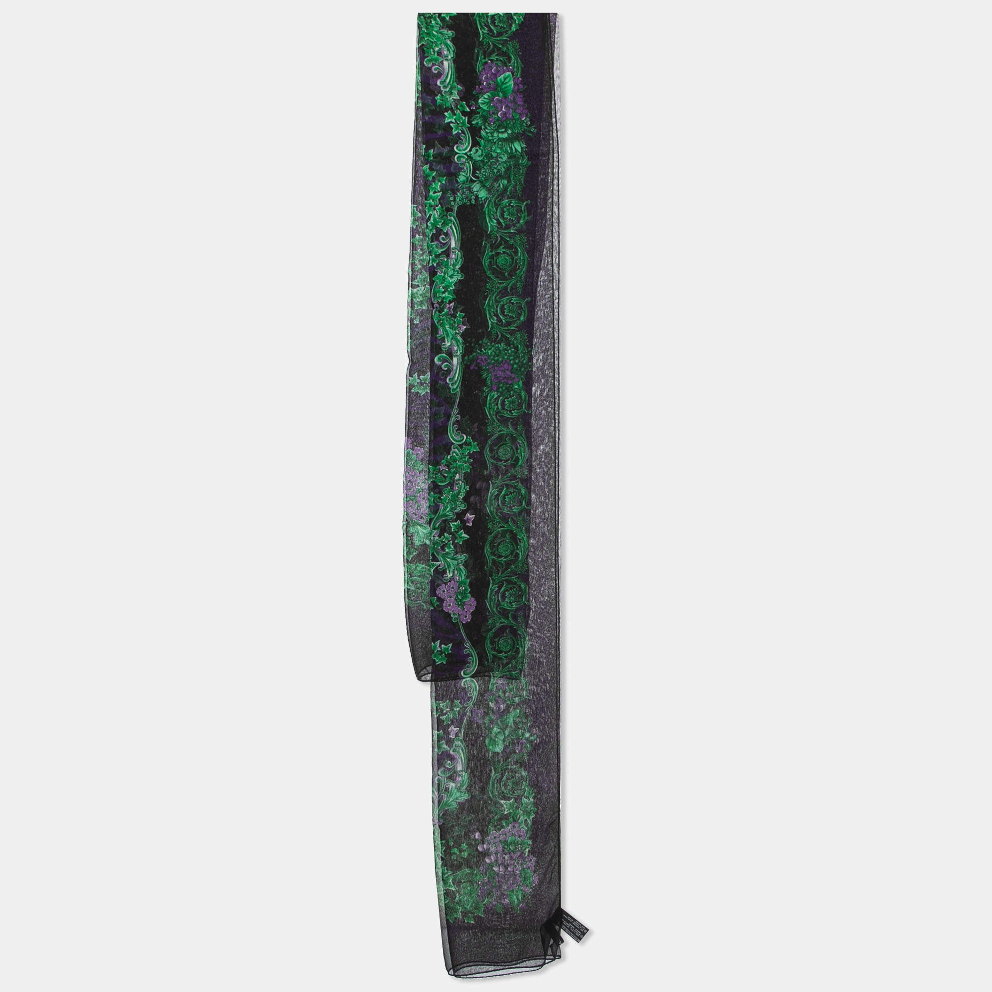Pre Owned Versace Black & Purple Floral Print Silk Stole
