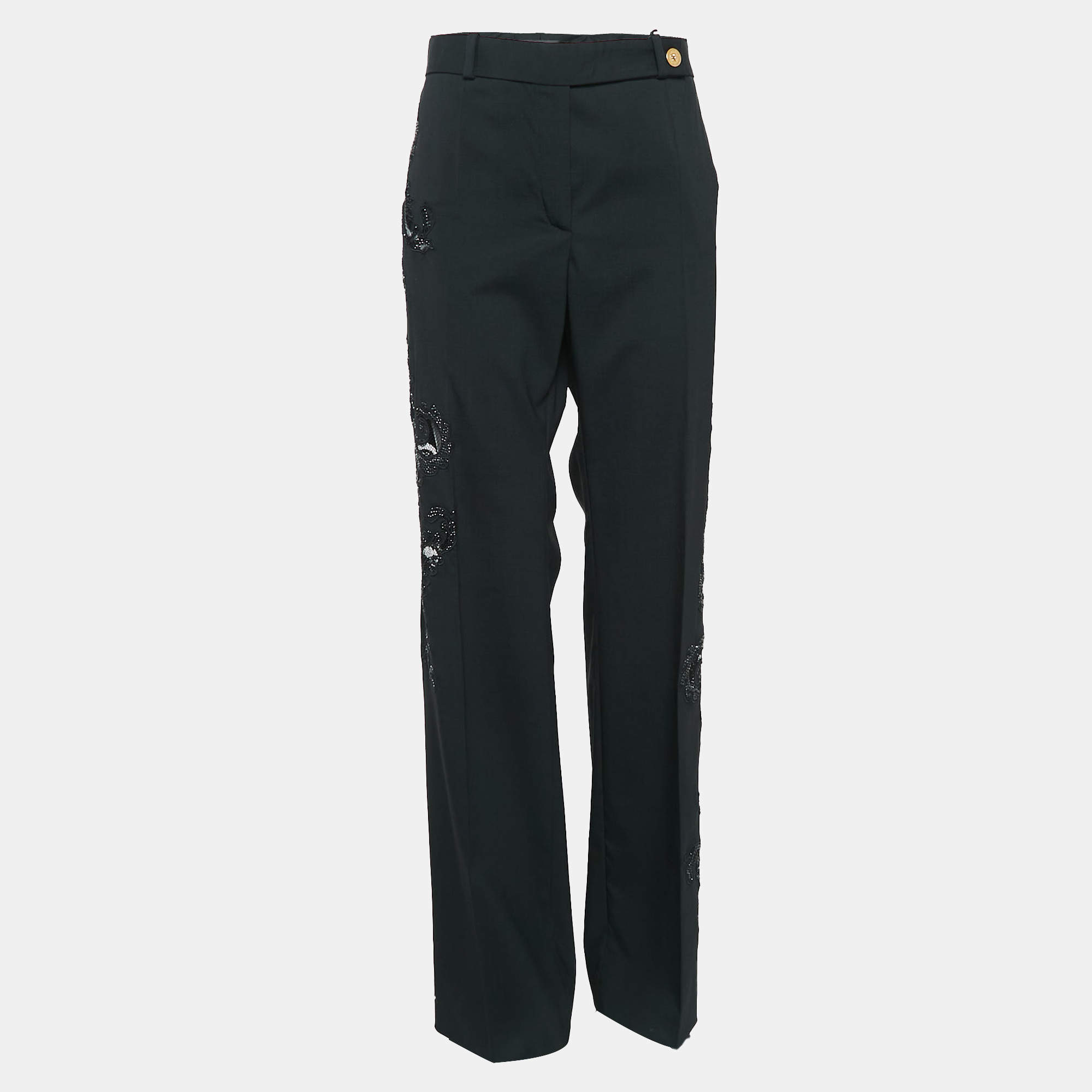 Versace Black Cut-Out Embellished Wool Trousers L