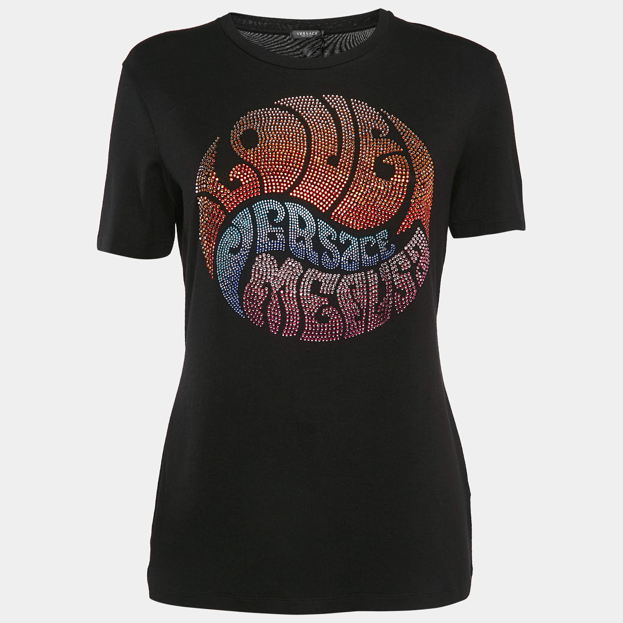 Pre Owned Versace Black Jersey Rhinestone Detail T-Shirt L