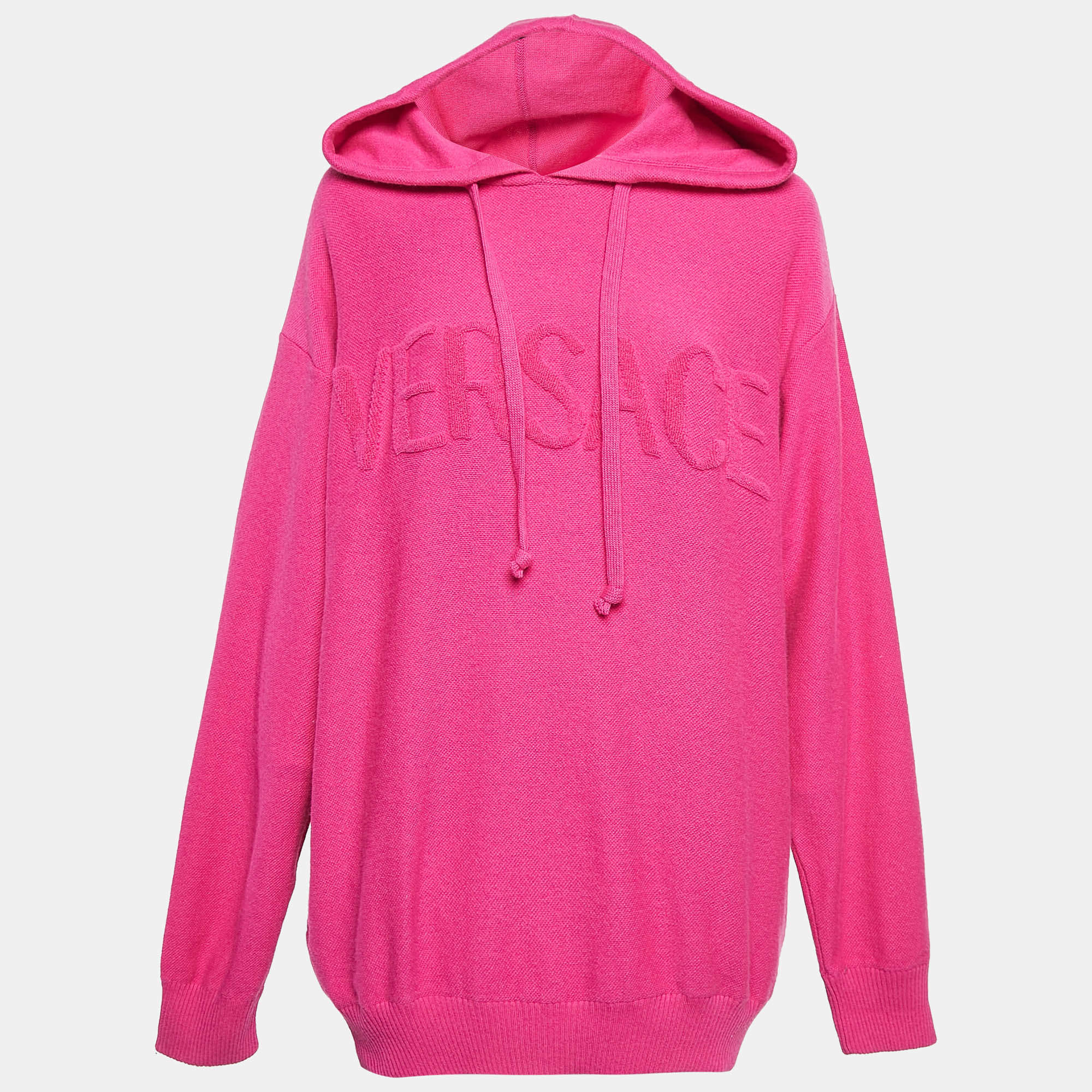 Versace Pink Logo Embossed Wool Knit Hooded Sweater M