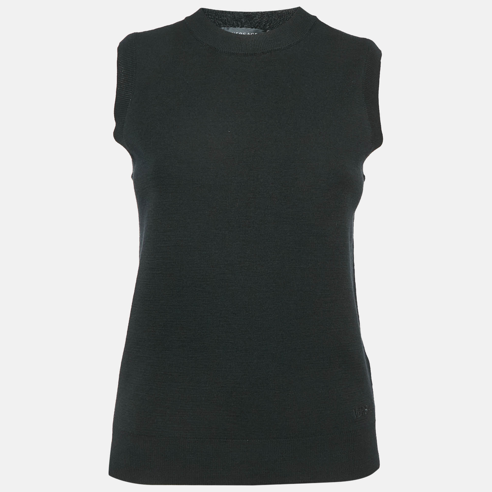 مملوكة مسبقًا Versace Black Logo Embroidered Virgin Wool Sleeveless Top S