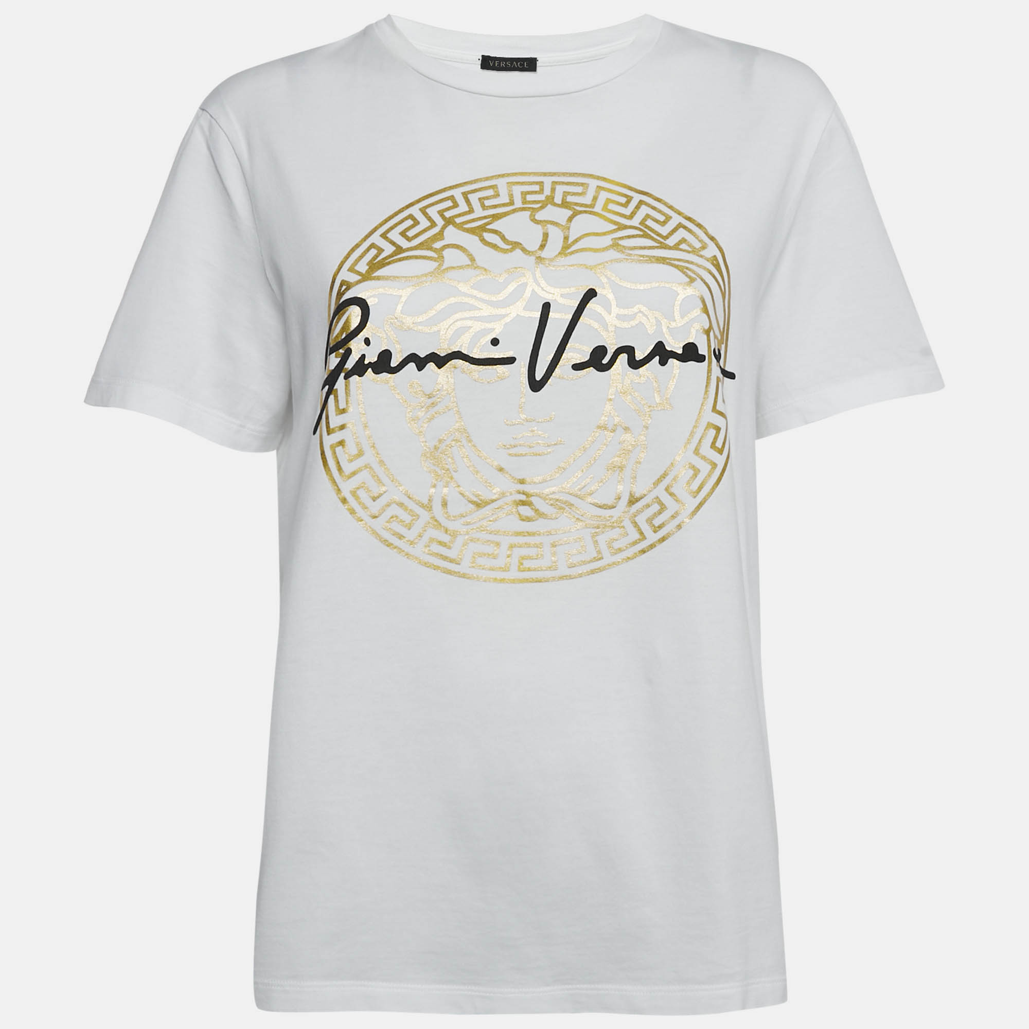 مملوكة مسبقًا Versace White Logo Print Cotton Crew Neck T-Shirt