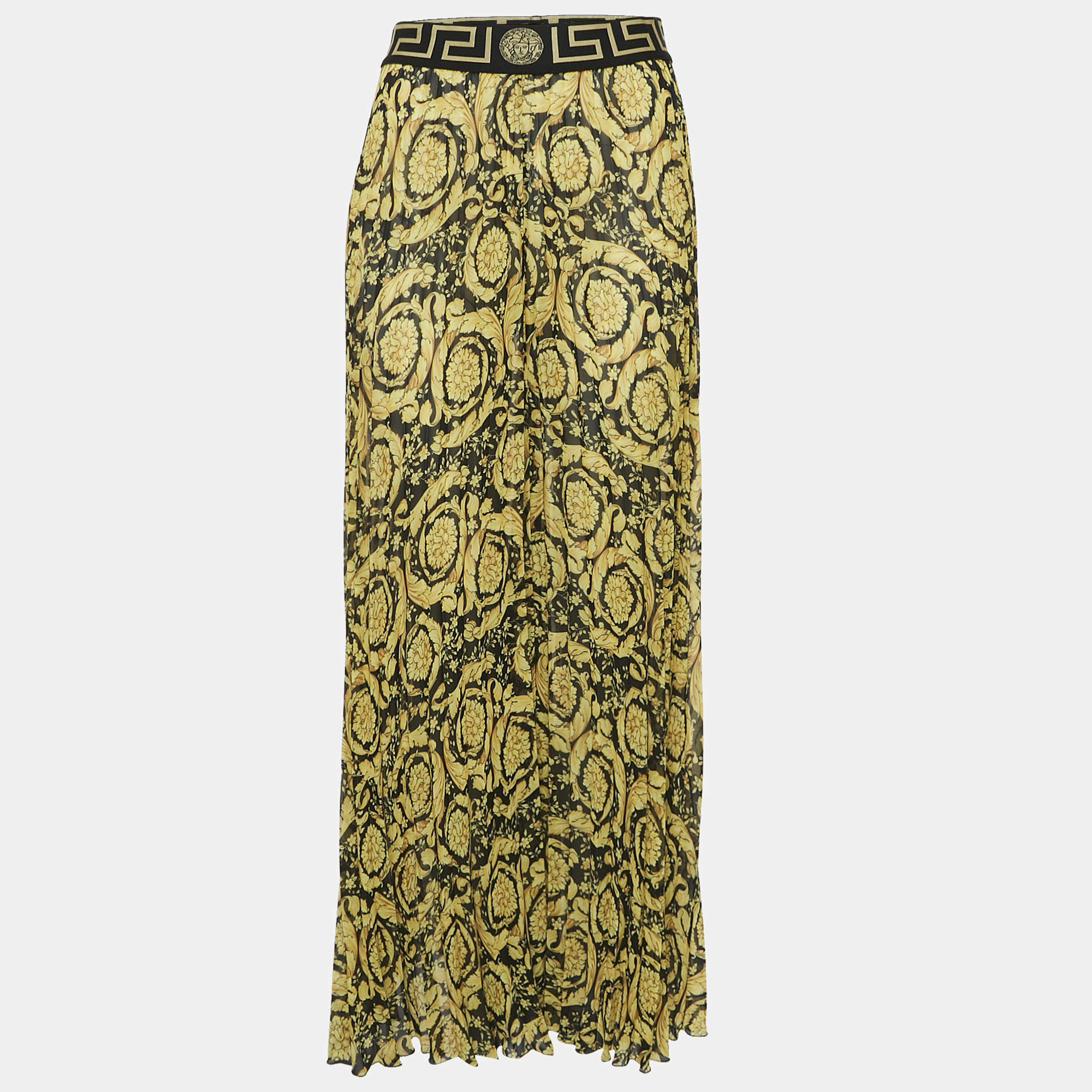 Versace Yellow Baroque Print Chiffon Pleated Wide Leg Pants M
