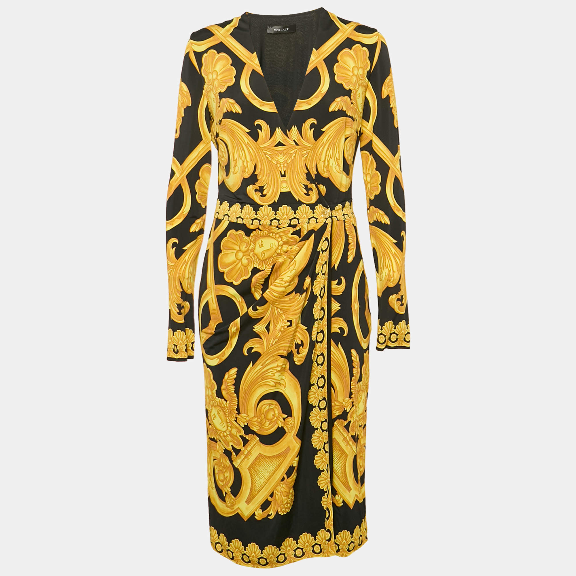 Versace Black Heritage Baroque Print Jersey Full Sleeve Midi Wrap Dress L