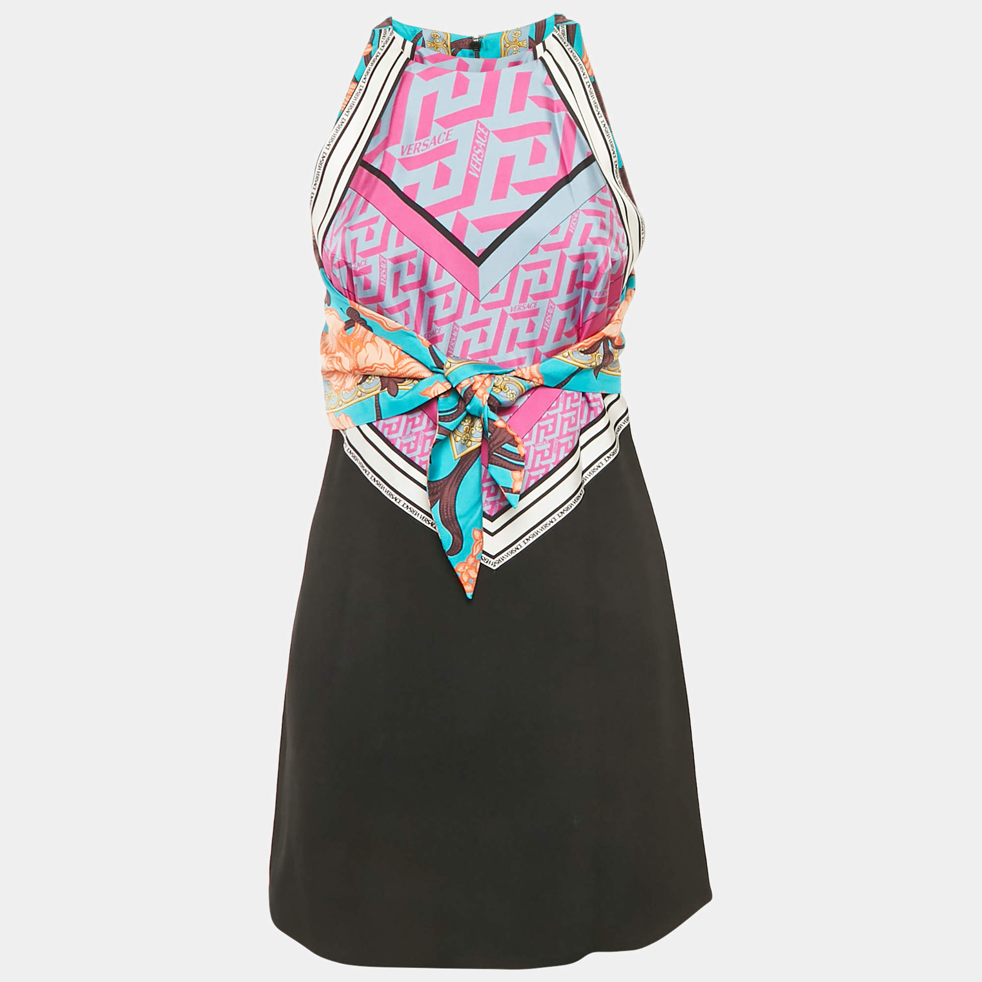 Versace Pink/Black Silk and Crepe Mixed Media Halter Neck Mini Dress S