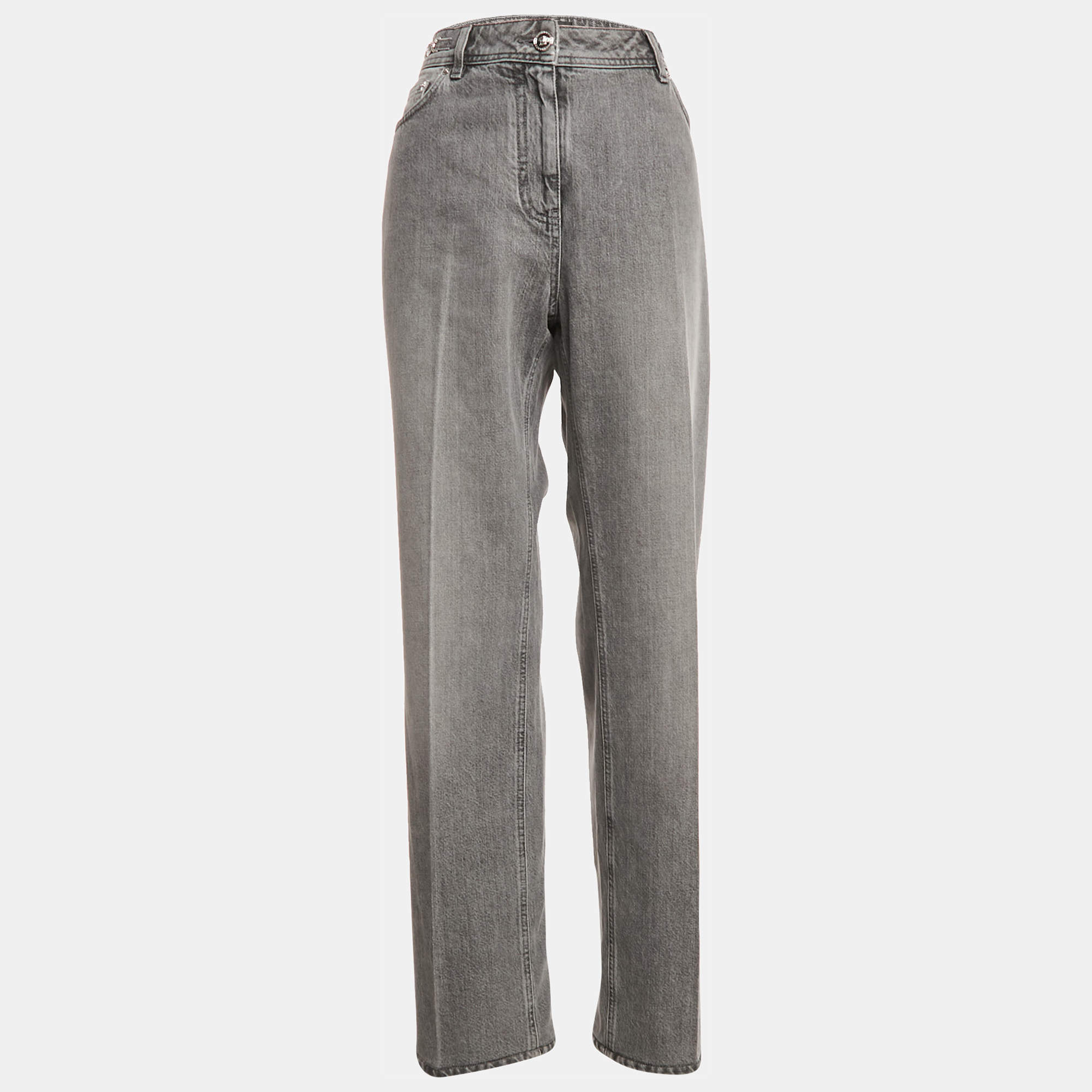 Pre Owned Versace Grey Stone Washed Denim Medusa Detail Straight Leg Jeans M Waist 29"